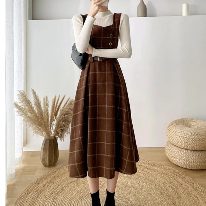 Purpdrank - High Quality Fall Winter Women Sweater Overalls Dress Sets Casual Knitted Tops  Plaid Woolen Dress 2 Piece Sets Outfits Female