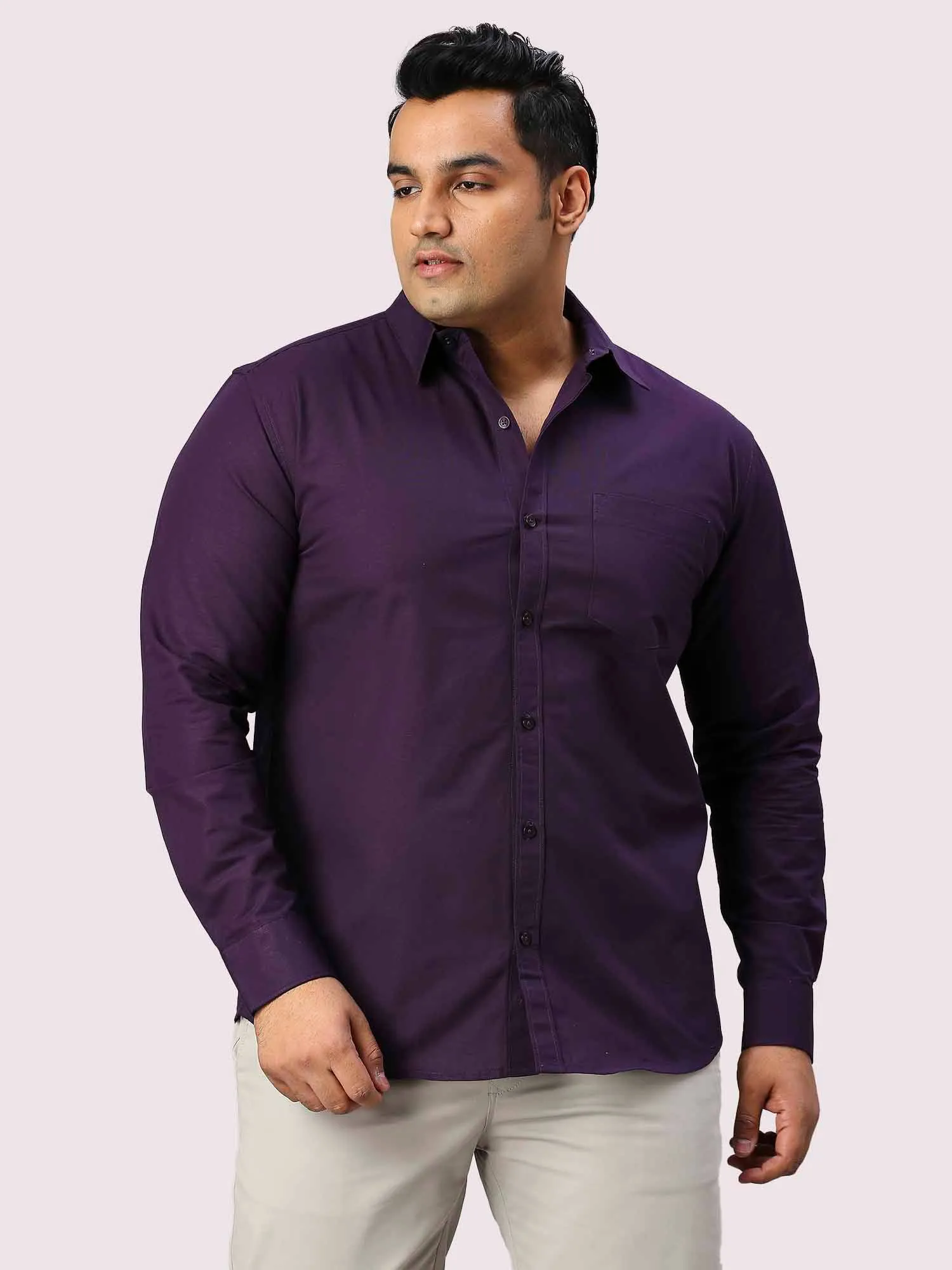 Purple Solid Pure Cotton Full Sleeve Shirt Men's Plus Size