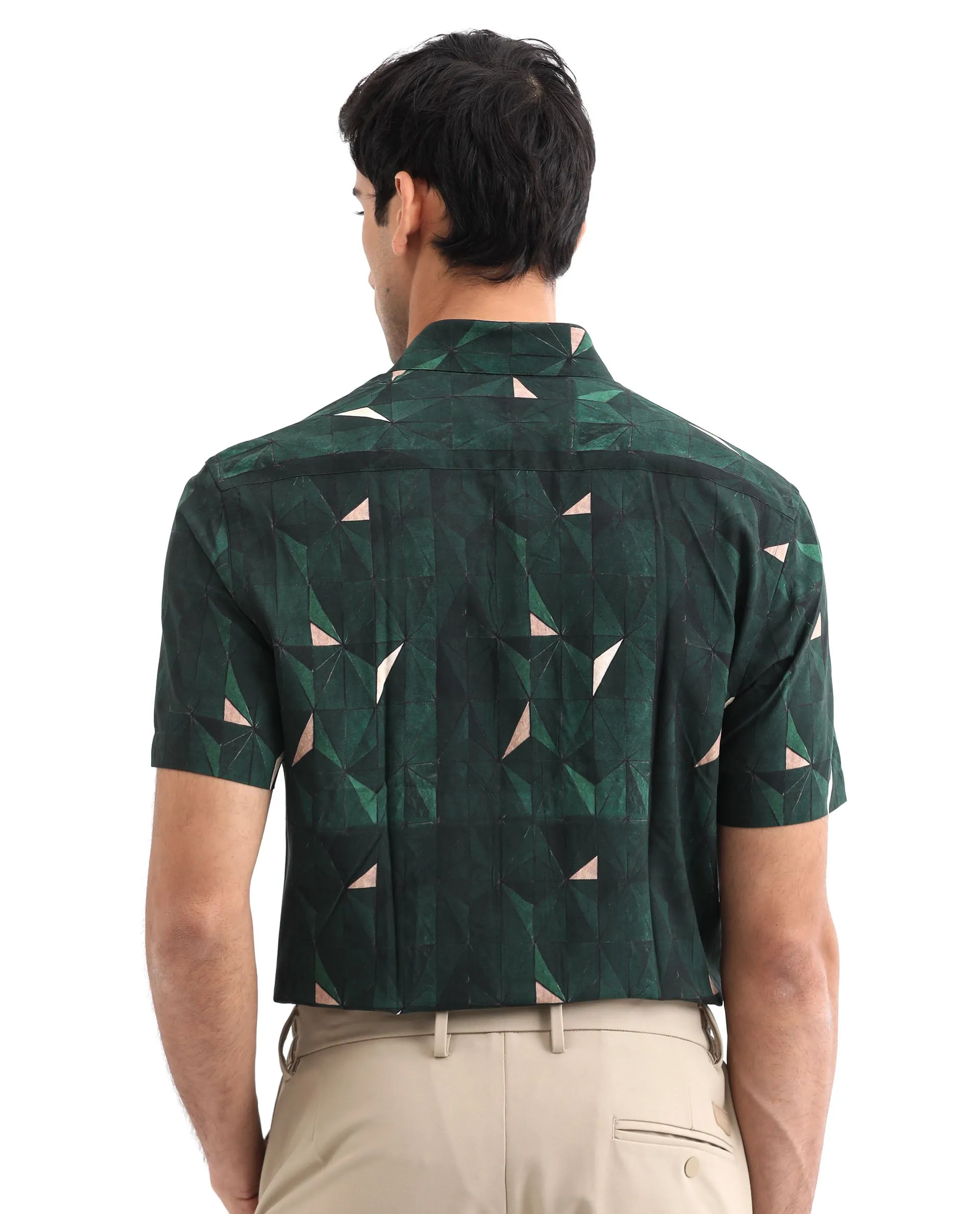 Rare Rabbit Men's Mose Green Viscose Fabric Half Sleeves Geometric Print Shirt