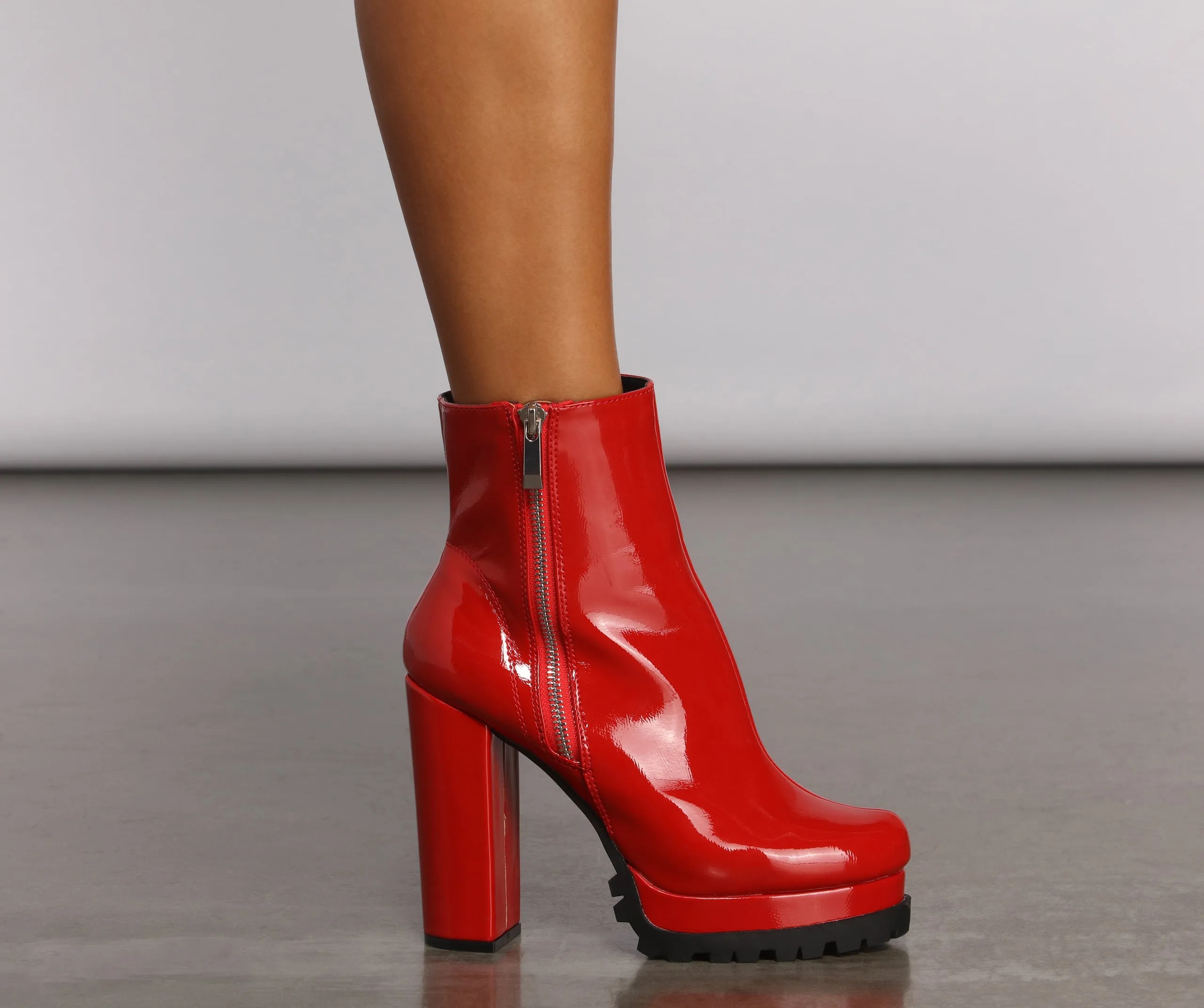 Red Hot Faux Patent Leather Lug Booties