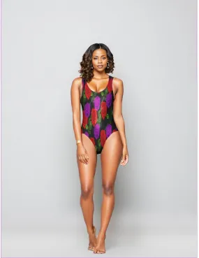 Red Rose Purp One-Piece Foil Swimsuit - Ships from The US