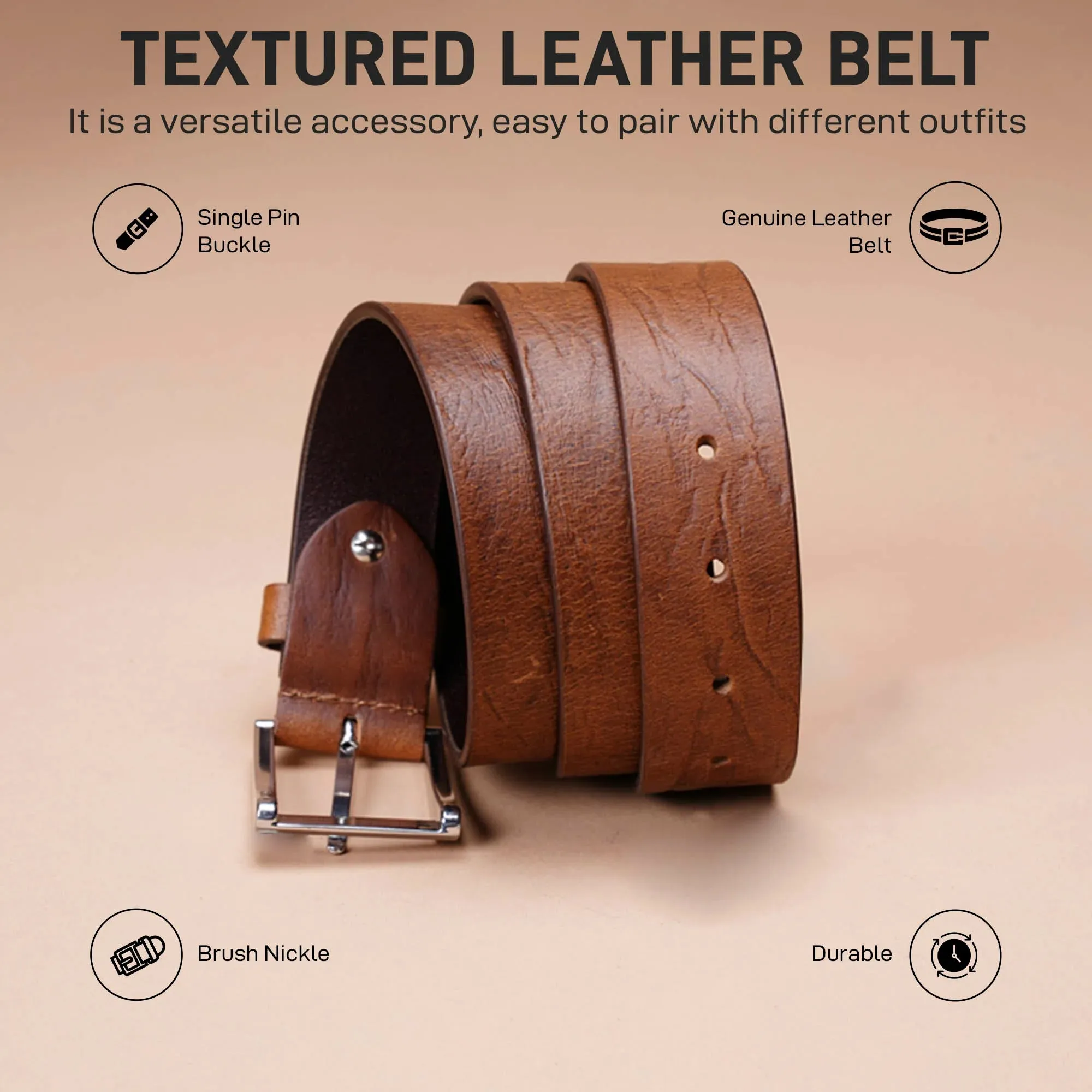 Red Tape Casual Leather Belt For Men | Textured Leather Belt | Classic and Durable