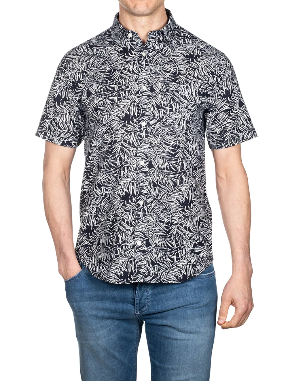 Regular Fit Leaf Print Button-down Evening Blue