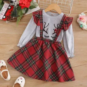 Reindeer Top and Plaid Skirt Set