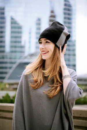 Reversible Slouchy Black and Grey Striped Cashmere Hat