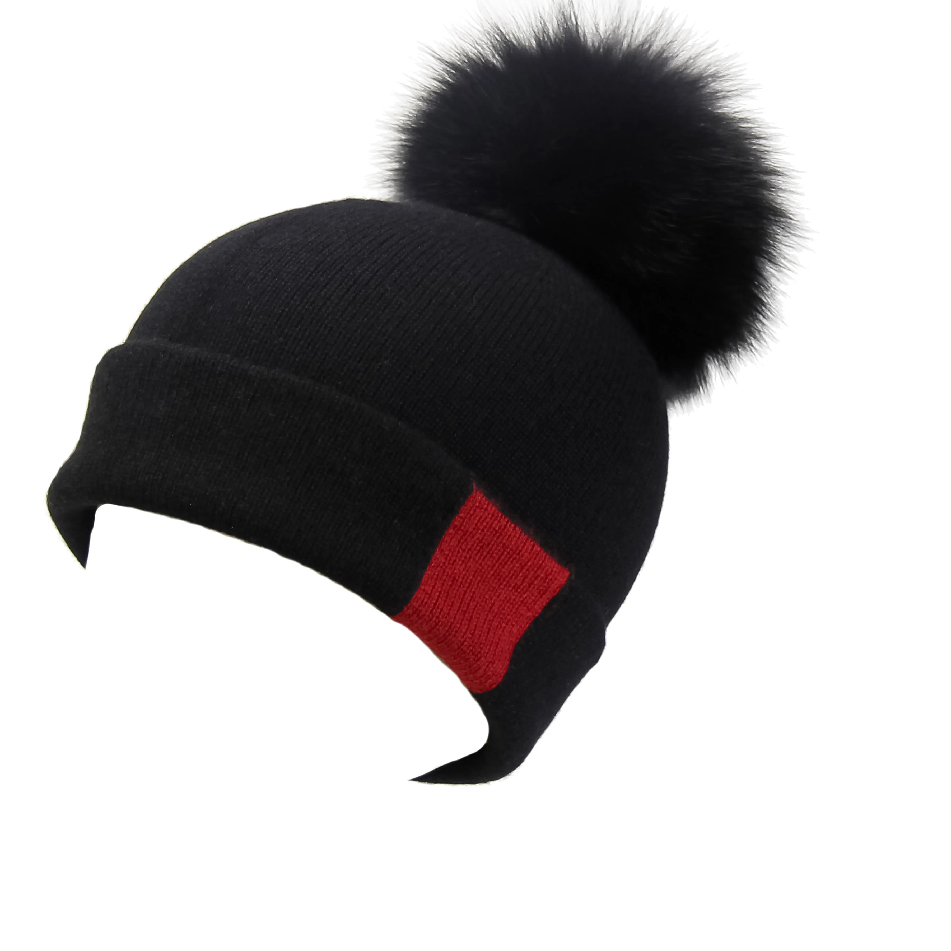 Reversible Slouchy Black and Red Striped Cashmere Hat with Black Pom-Pom