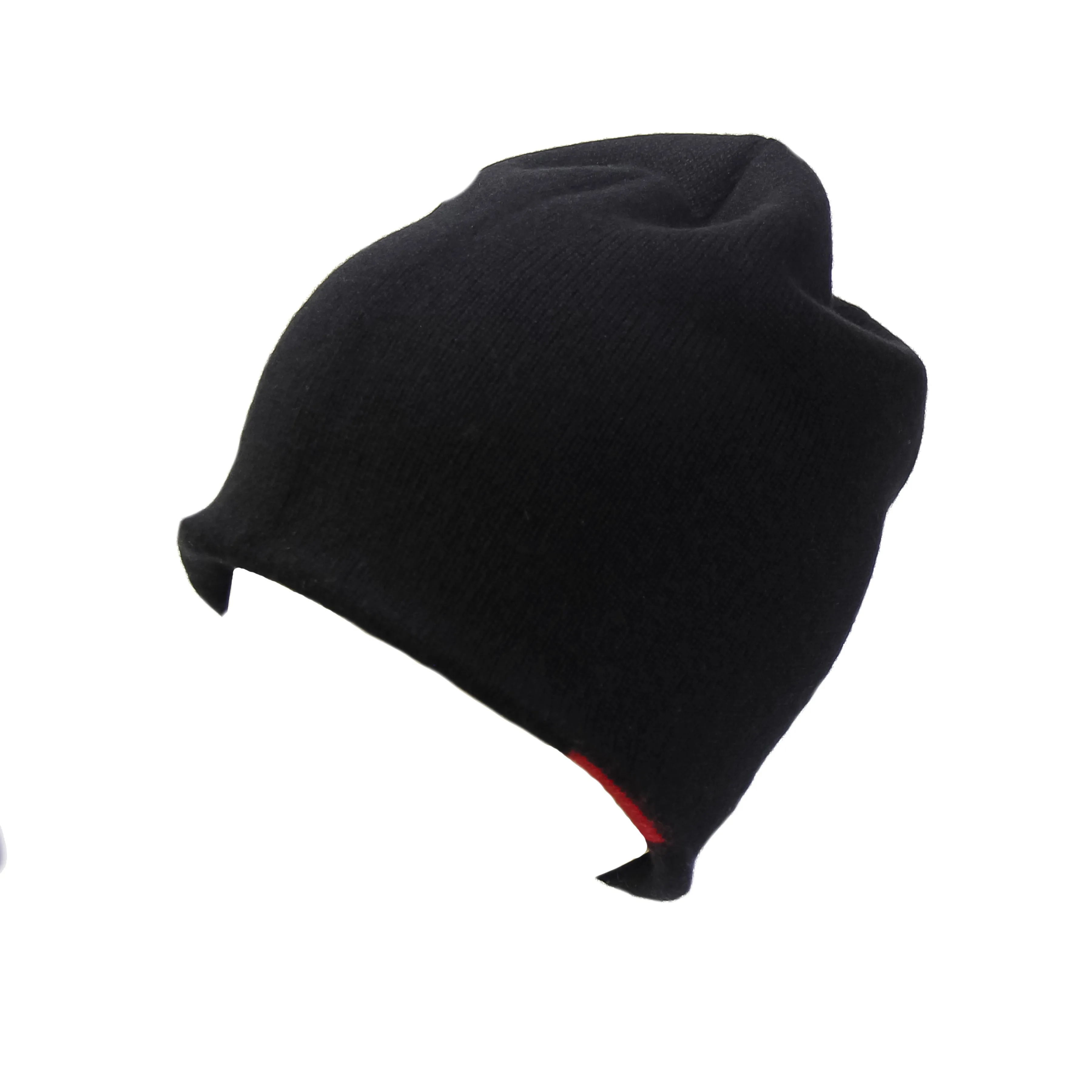 Reversible Slouchy Black and Red Striped Cashmere Hat with Black Pom-Pom