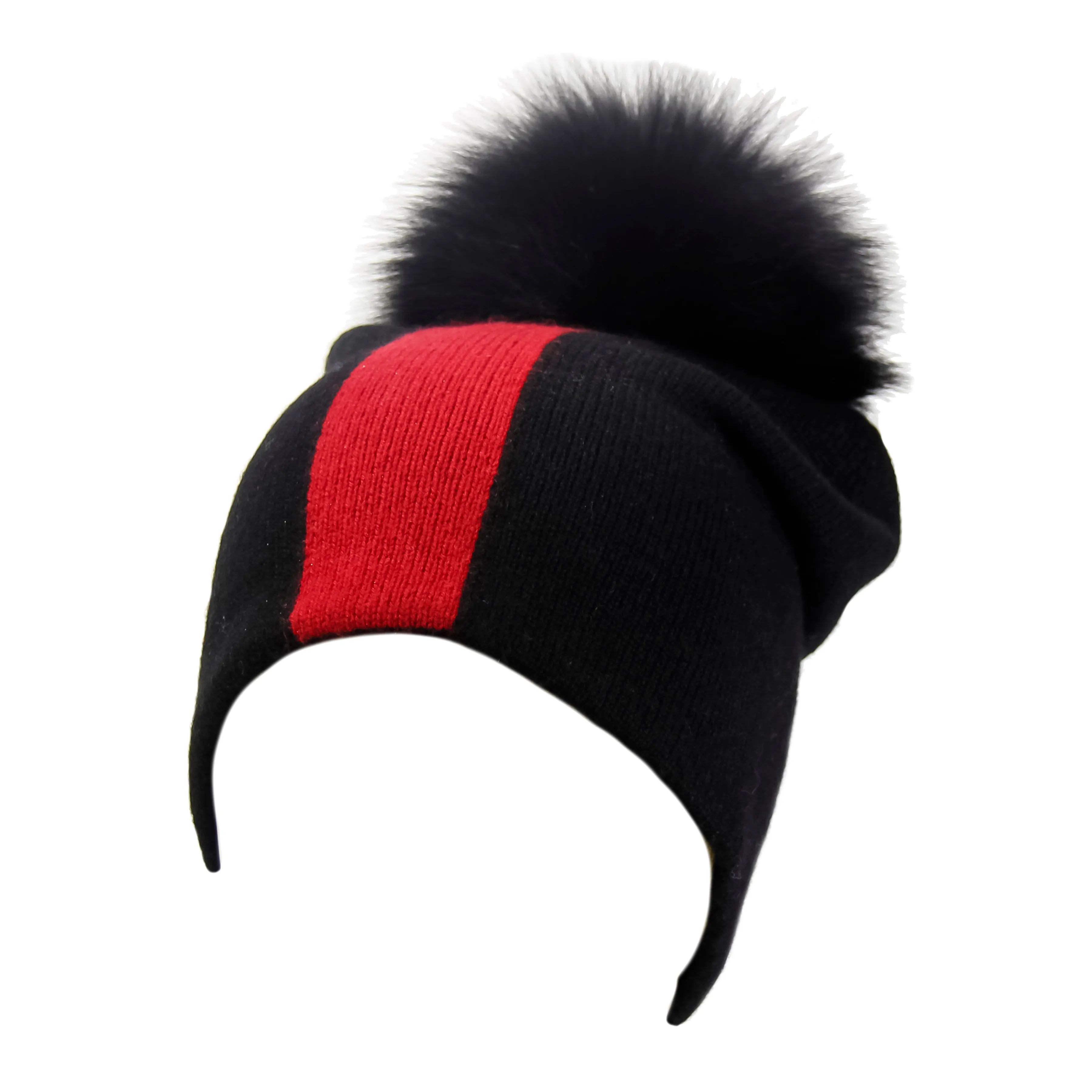 Reversible Slouchy Black and Red Striped Cashmere Hat with Black Pom-Pom