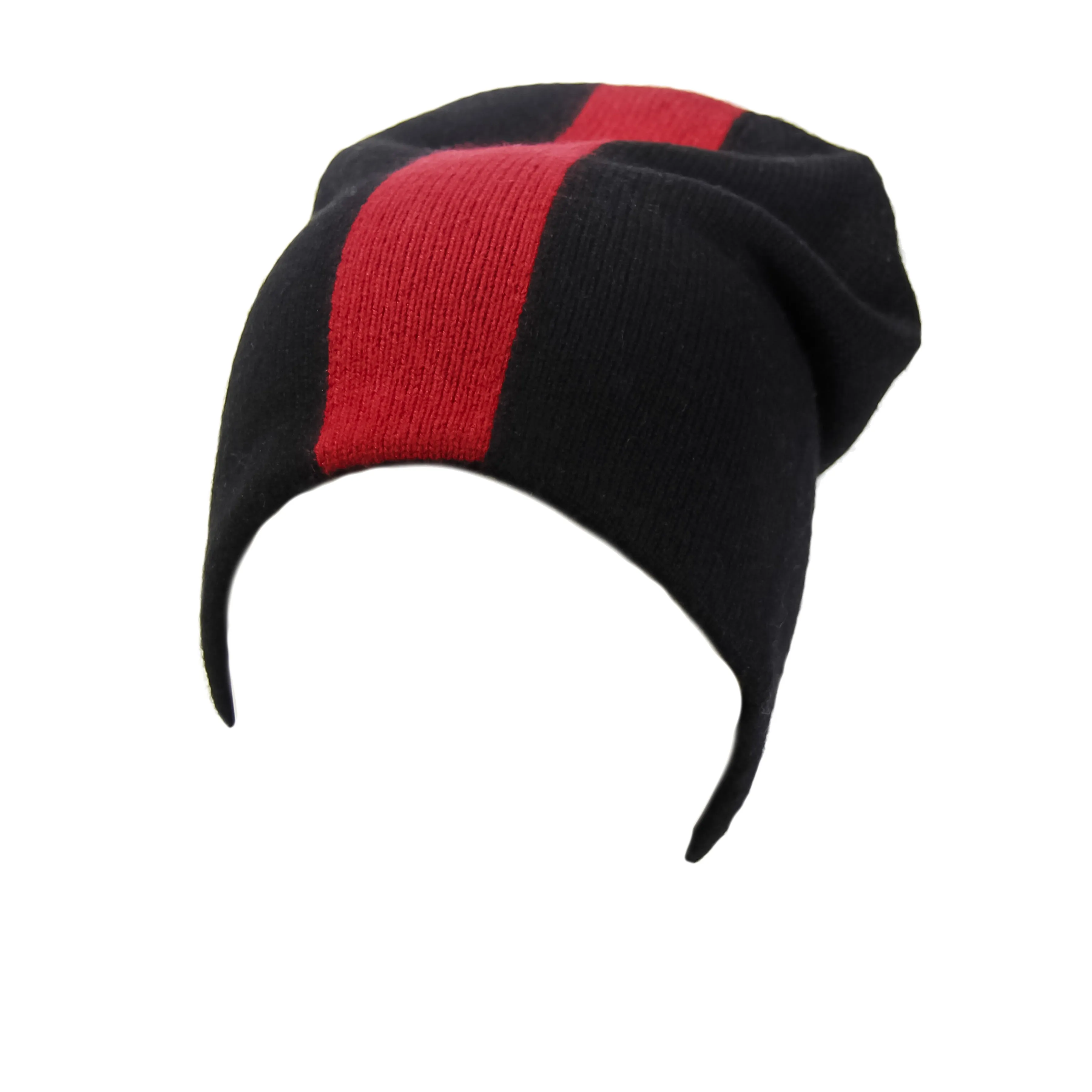 Reversible Slouchy Black and Red Striped Cashmere Hat with Black Pom-Pom