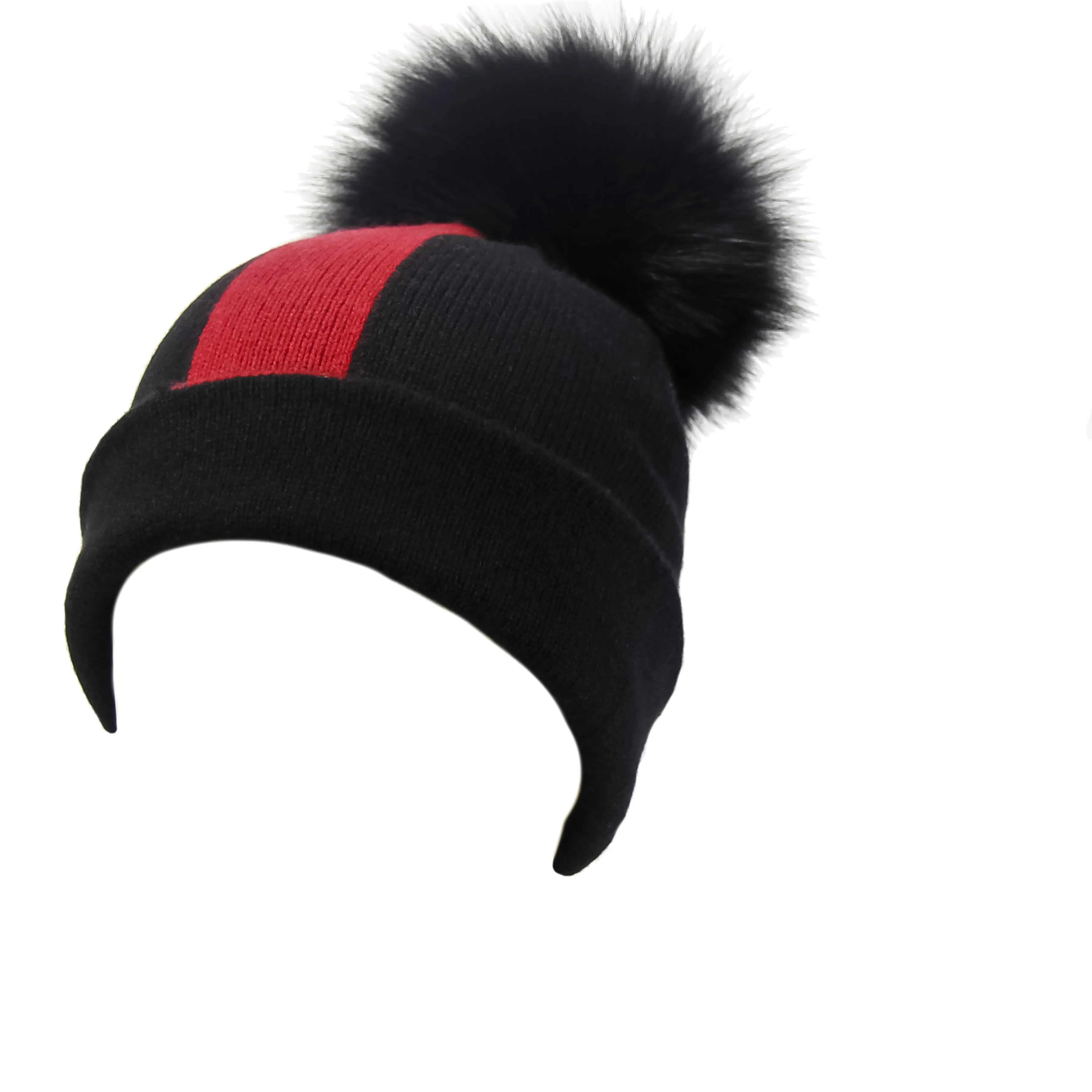 Reversible Slouchy Black and Red Striped Cashmere Hat with Black Pom-Pom