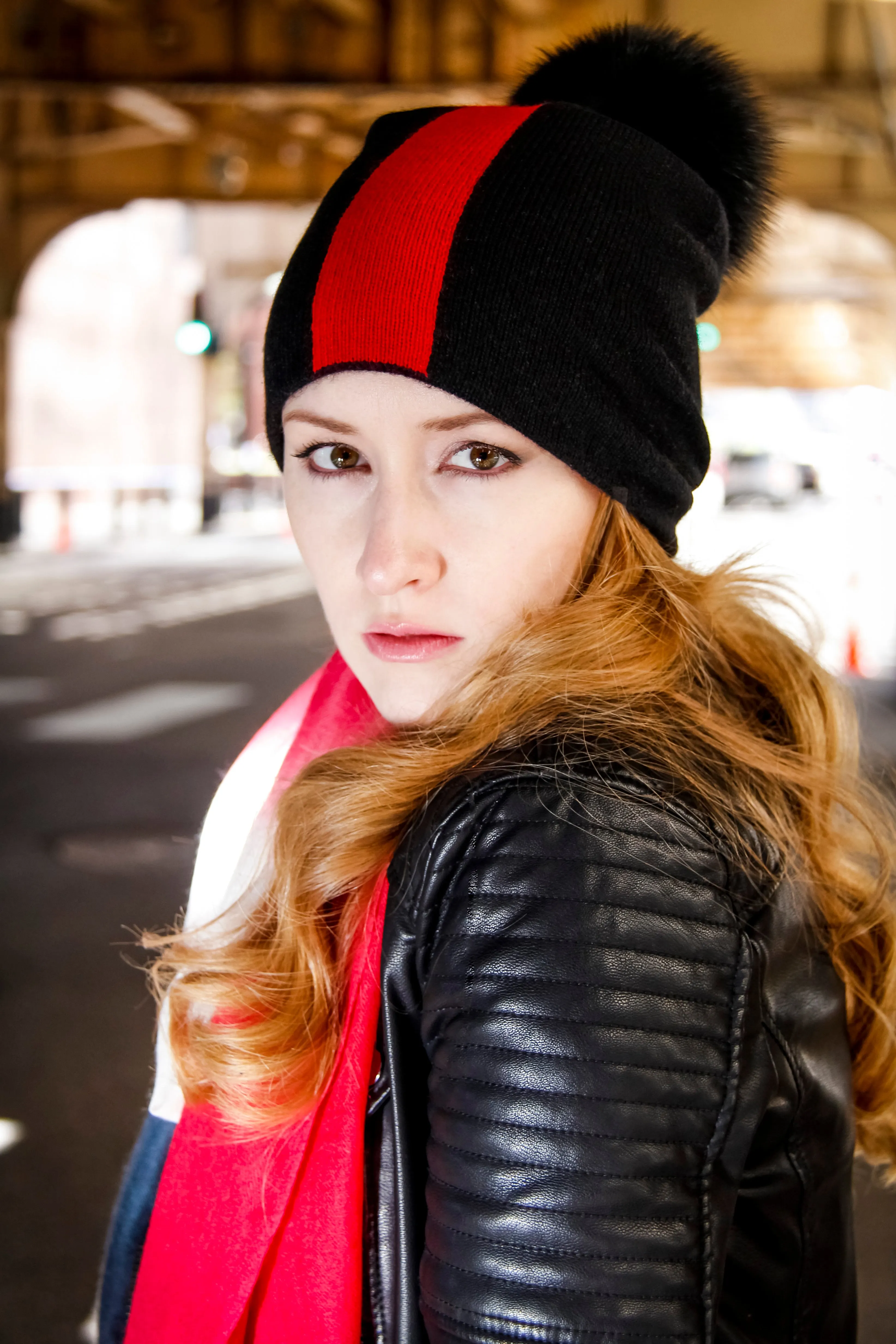 Reversible Slouchy Black and Red Striped Cashmere Hat with Black Pom-Pom