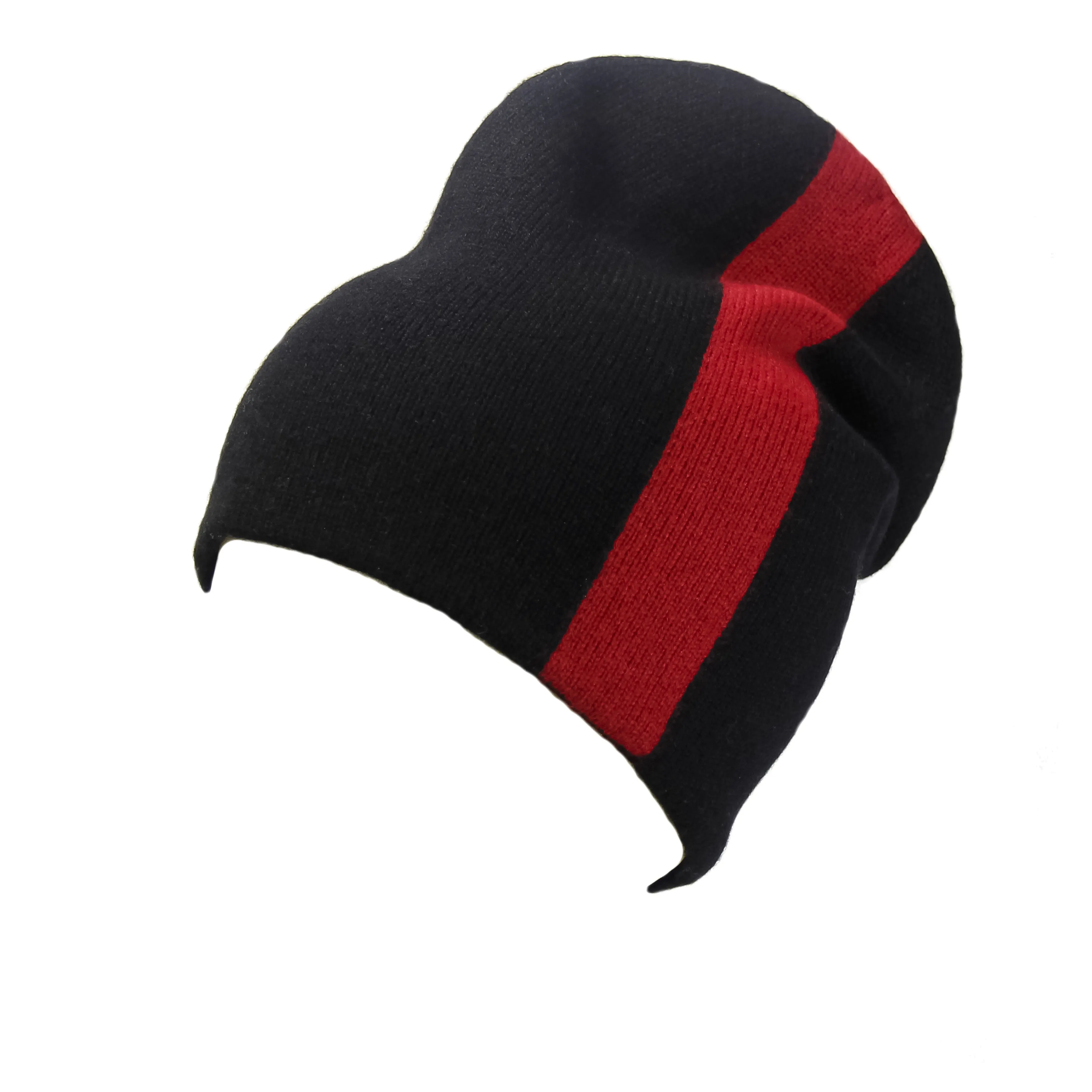 Reversible Slouchy Black and Red Striped Cashmere Hat with Black Pom-Pom