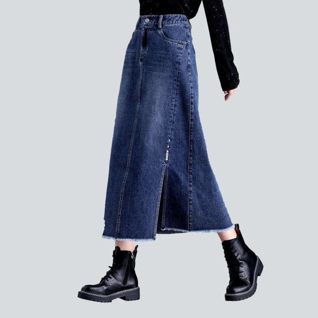 Ripped hem long denim skirt