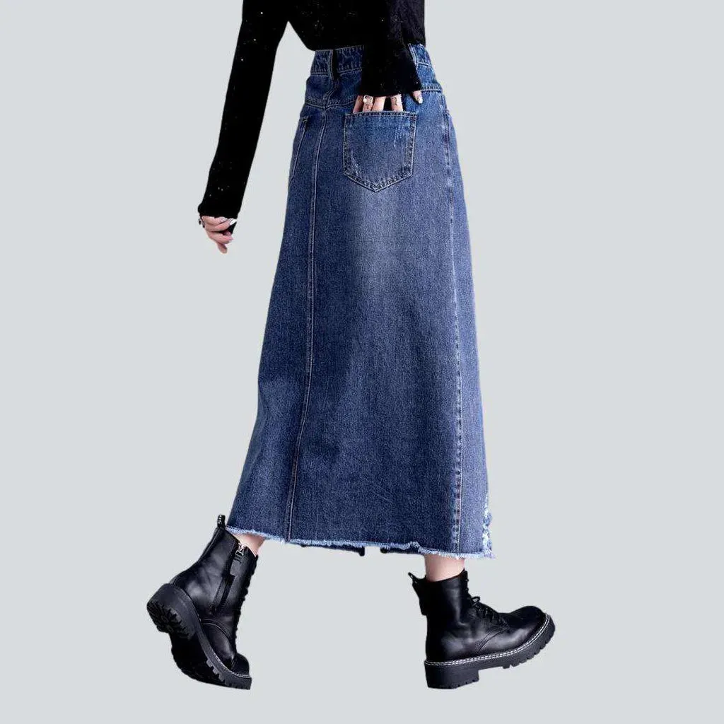 Ripped hem long denim skirt