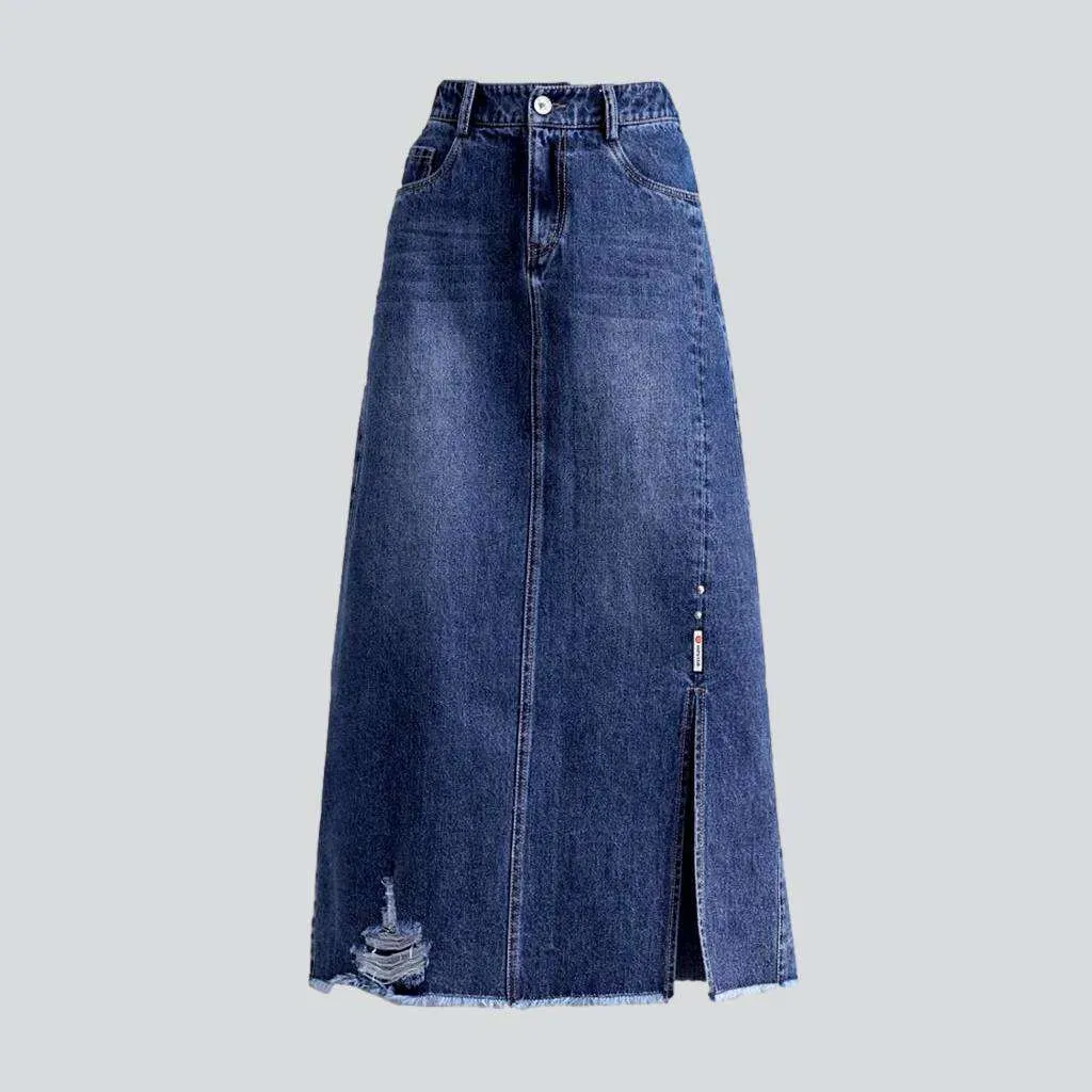 Ripped hem long denim skirt