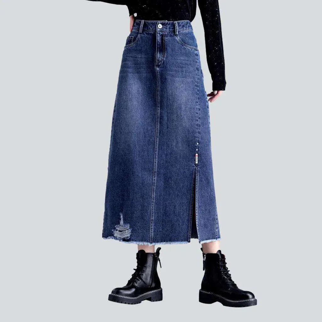 Ripped hem long denim skirt