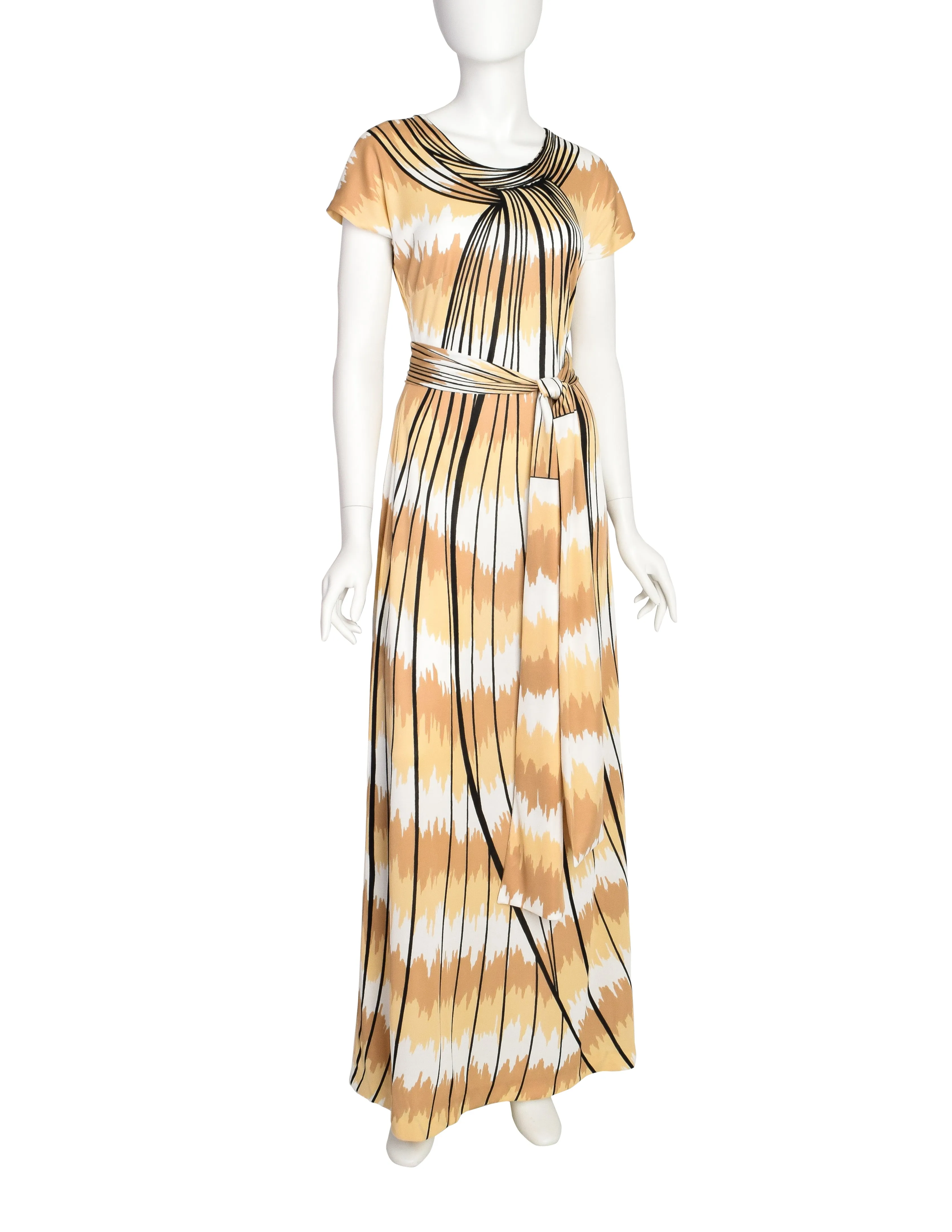 Roberta di Camerino Vintage 1977 Beige White Trompe L'oeil Maxi Dress