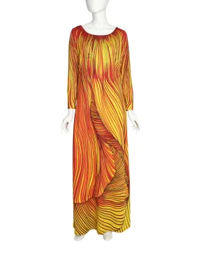 Roberta di Camerino Vintage 1977 Firey Red Orange Yellow Trompe L'oeil Maxi Dress