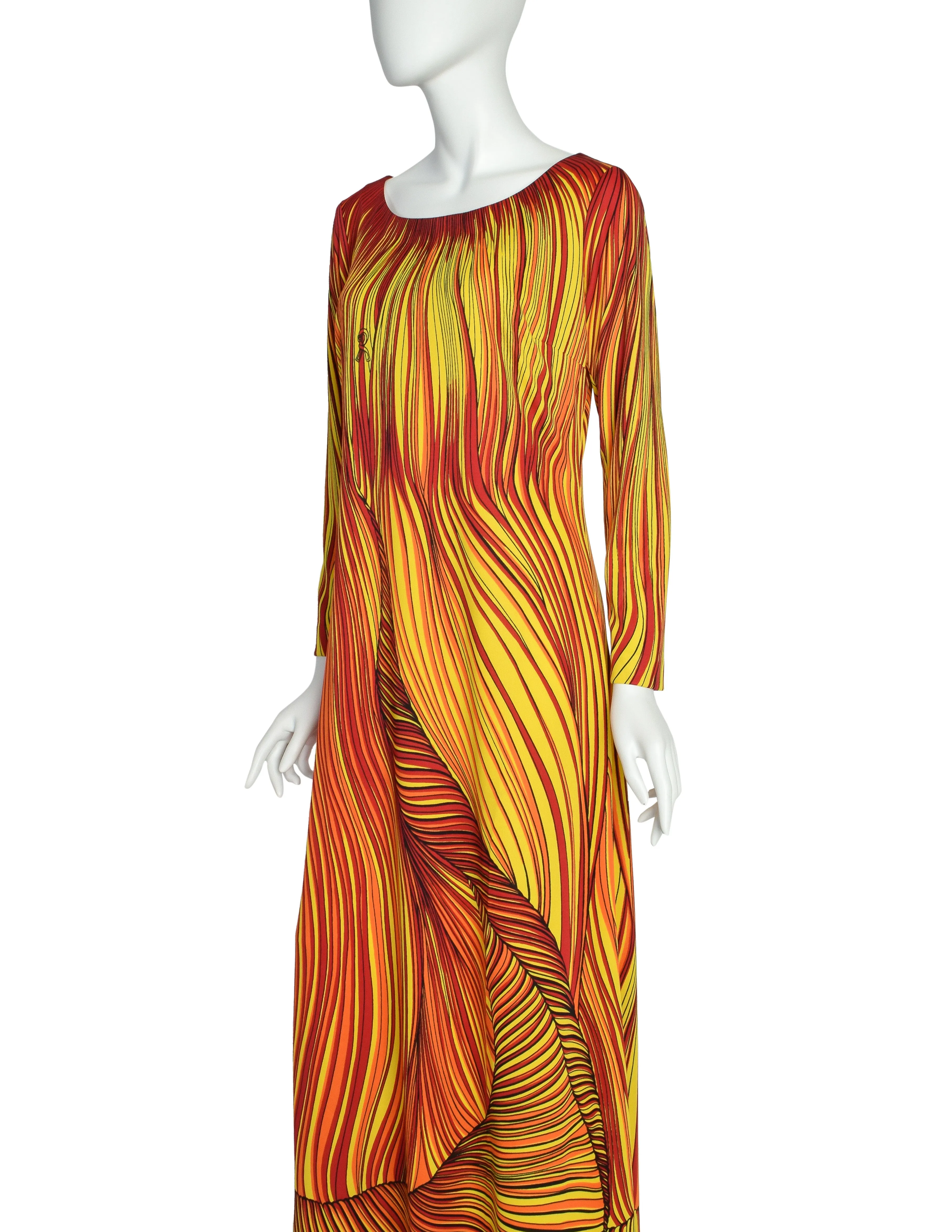 Roberta di Camerino Vintage 1977 Firey Red Orange Yellow Trompe L'oeil Maxi Dress