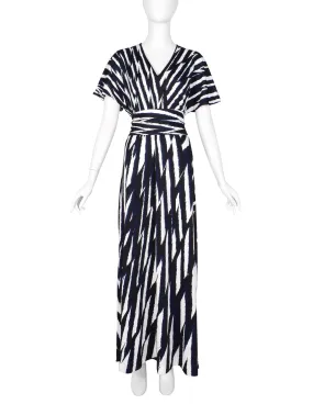 Roberta di Camerino Vintage 1978 Black Blue & White Zig Zag Print Jersey Maxi Dress