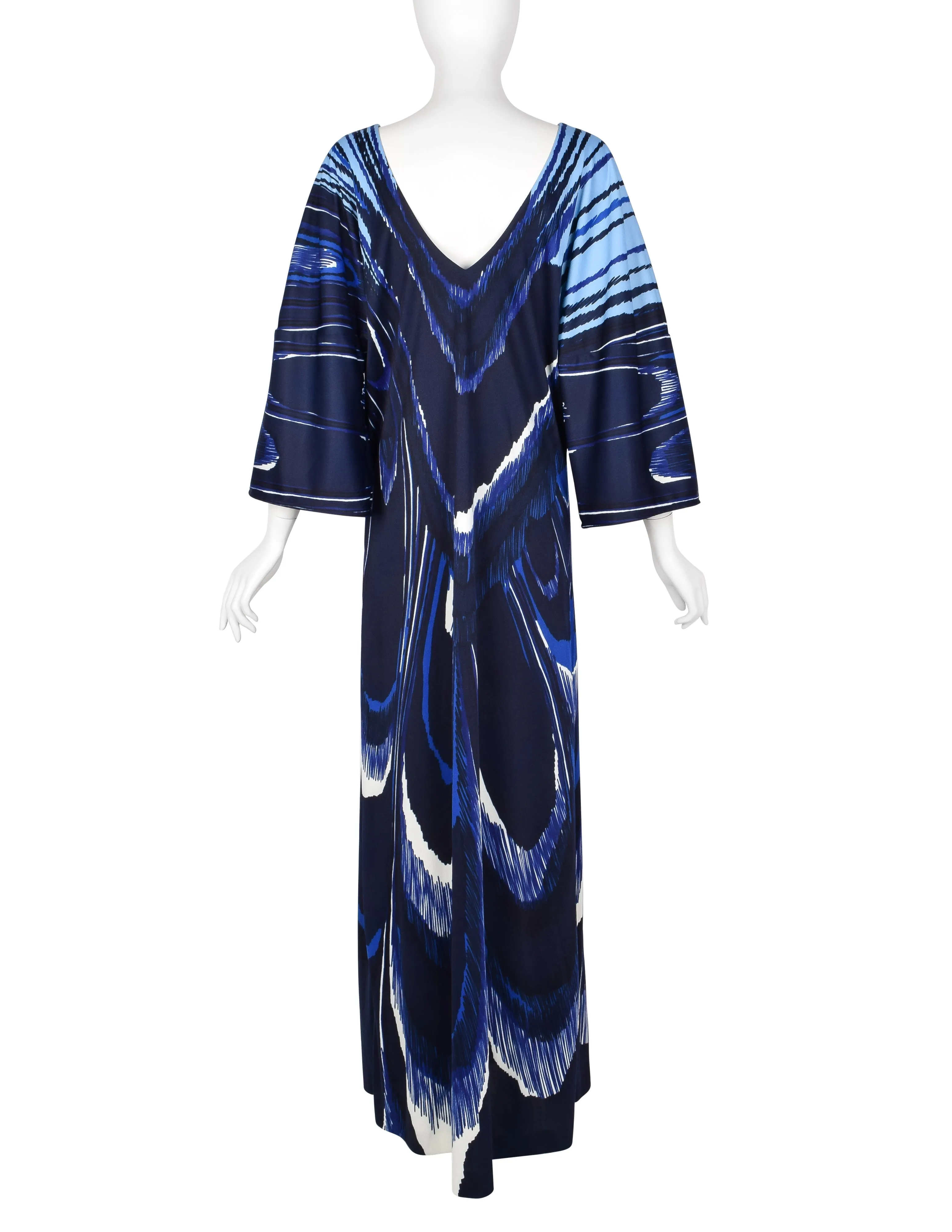 Roberta di Camerino Vintage 1978 Blue Feather Print Trompe L'oeil Maxi Dress