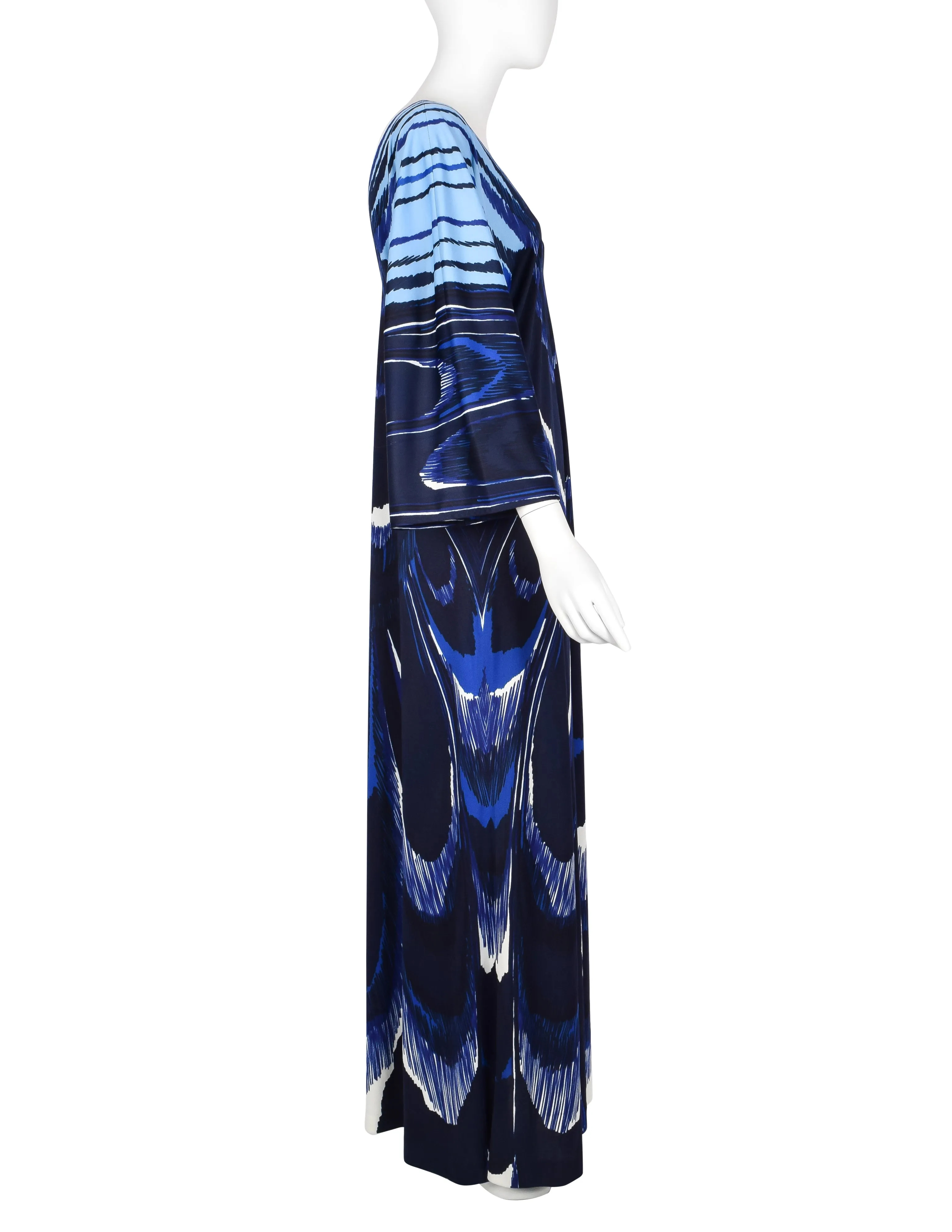 Roberta di Camerino Vintage 1978 Blue Feather Print Trompe L'oeil Maxi Dress