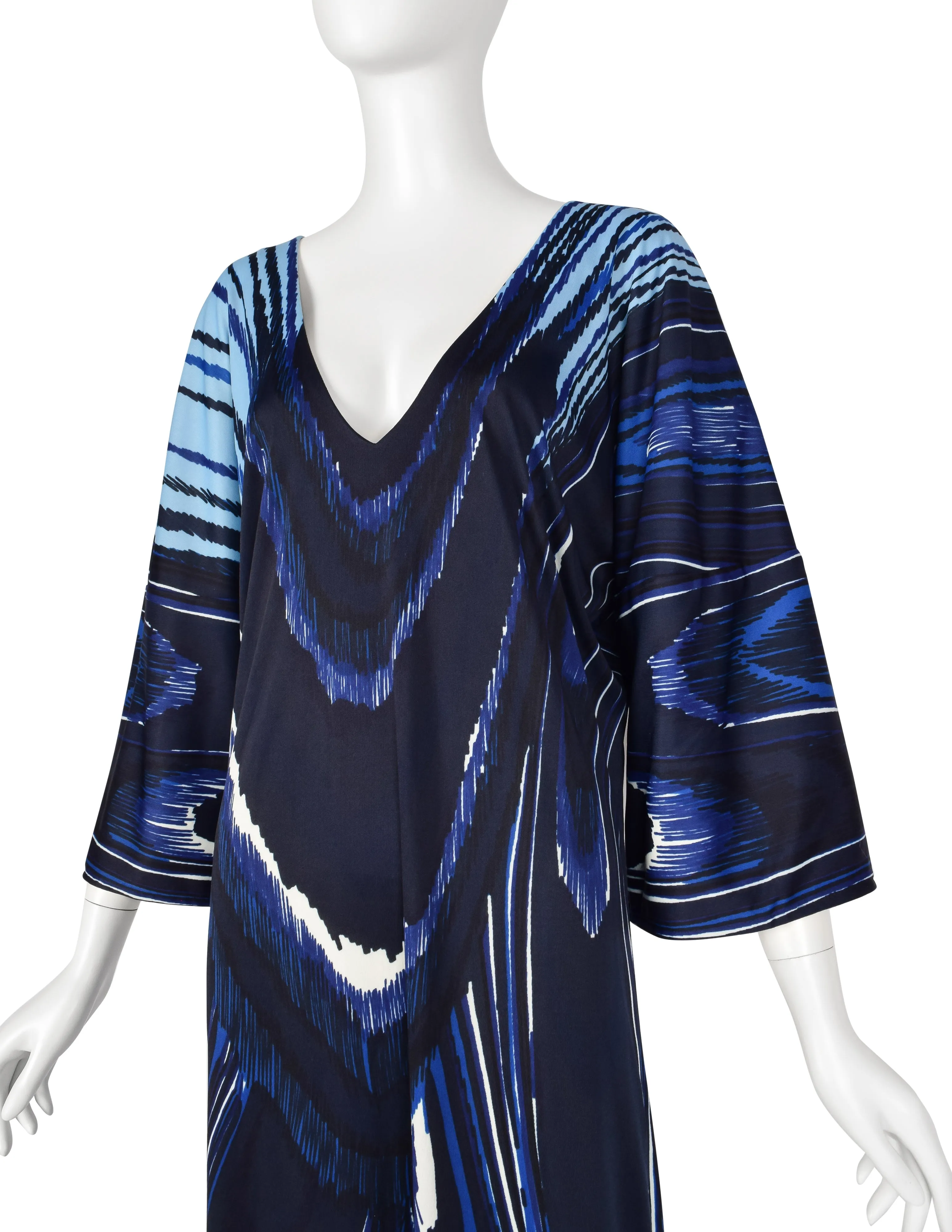 Roberta di Camerino Vintage 1978 Blue Feather Print Trompe L'oeil Maxi Dress