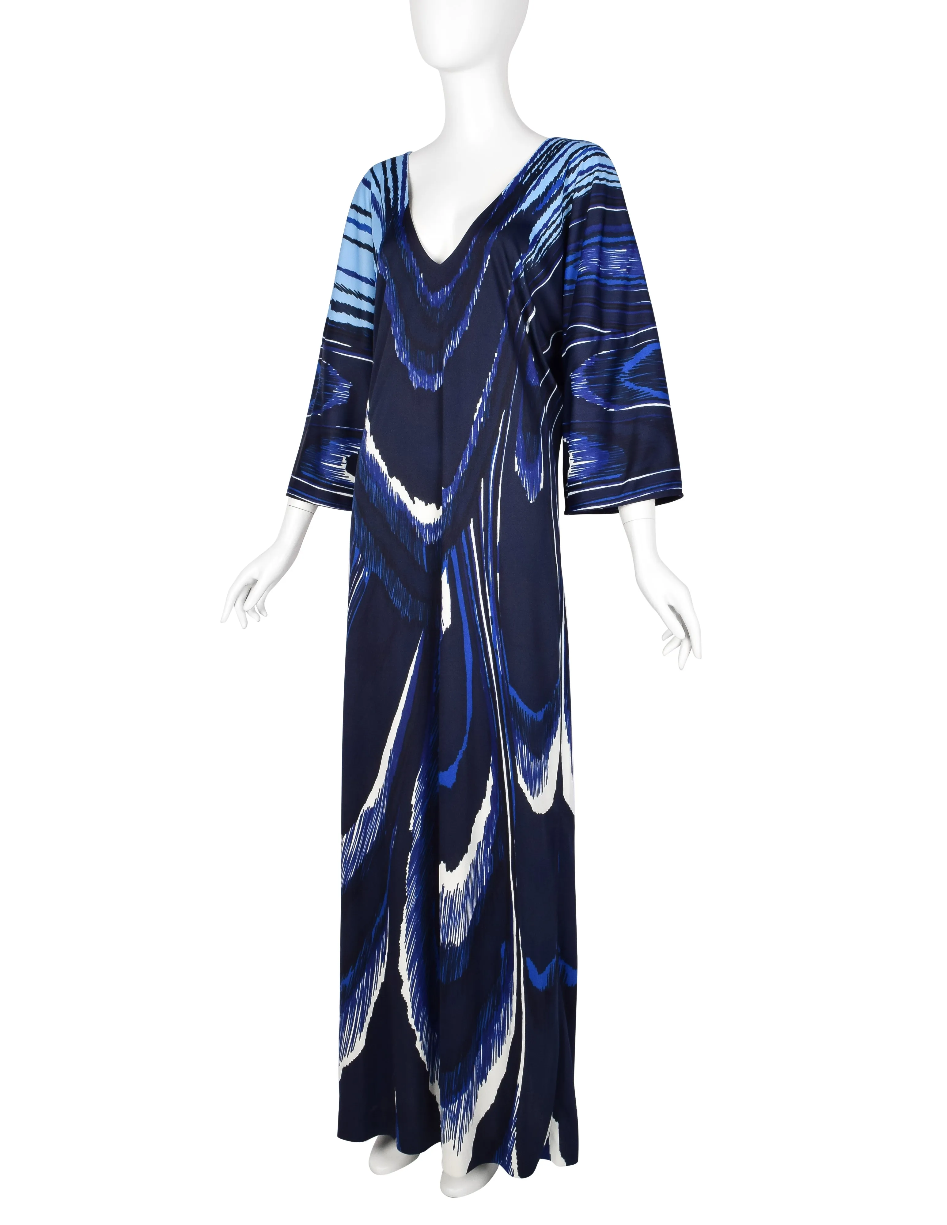 Roberta di Camerino Vintage 1978 Blue Feather Print Trompe L'oeil Maxi Dress