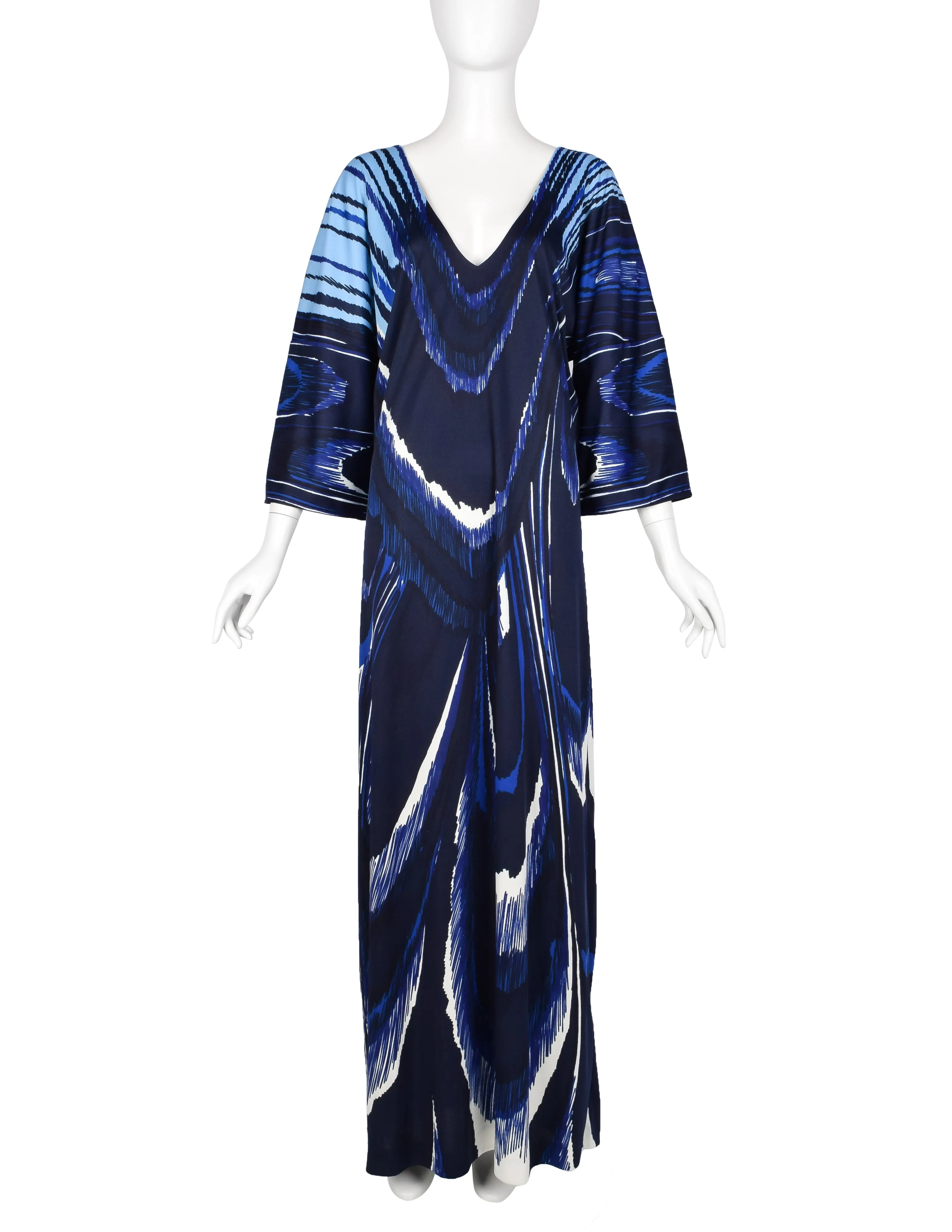 Roberta di Camerino Vintage 1978 Blue Feather Print Trompe L'oeil Maxi Dress