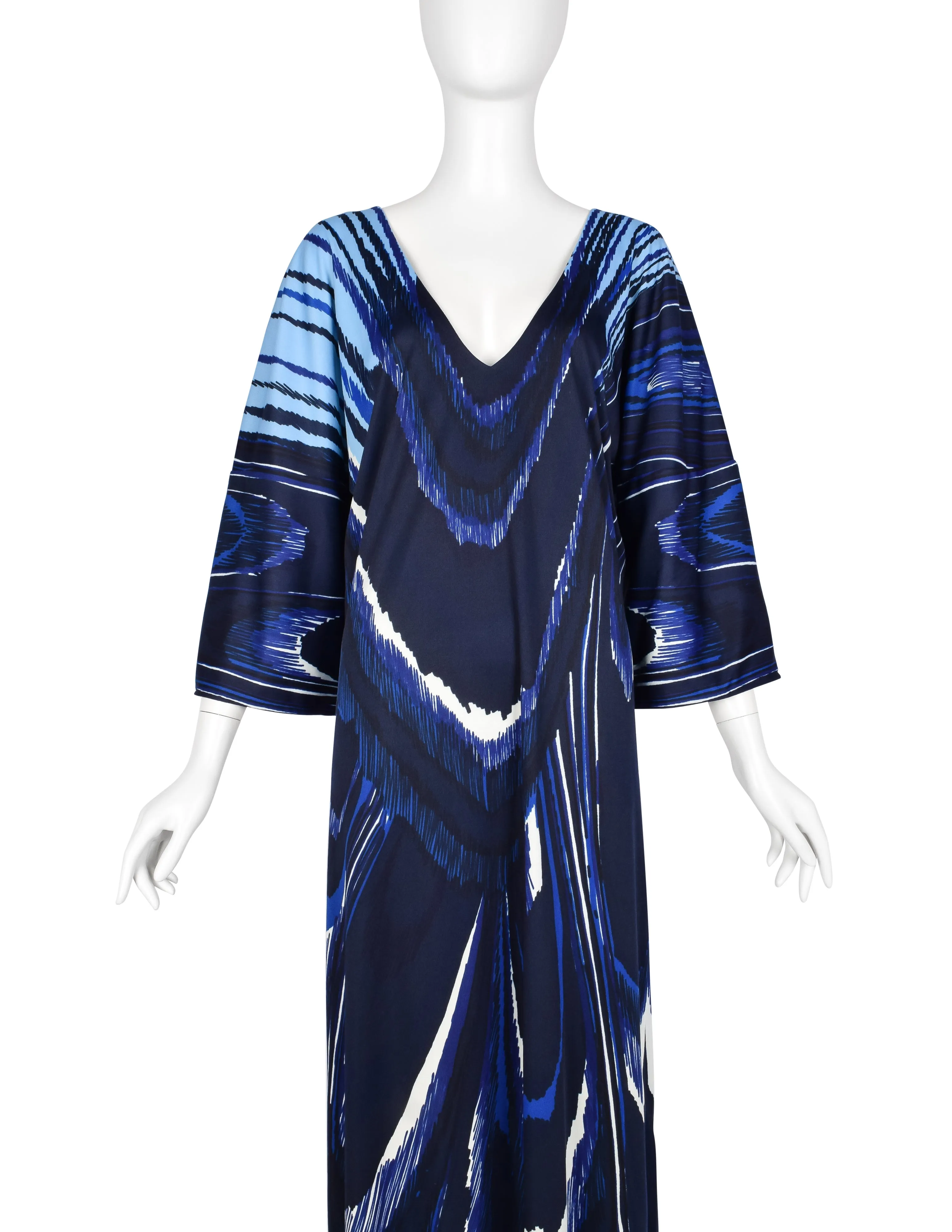 Roberta di Camerino Vintage 1978 Blue Feather Print Trompe L'oeil Maxi Dress