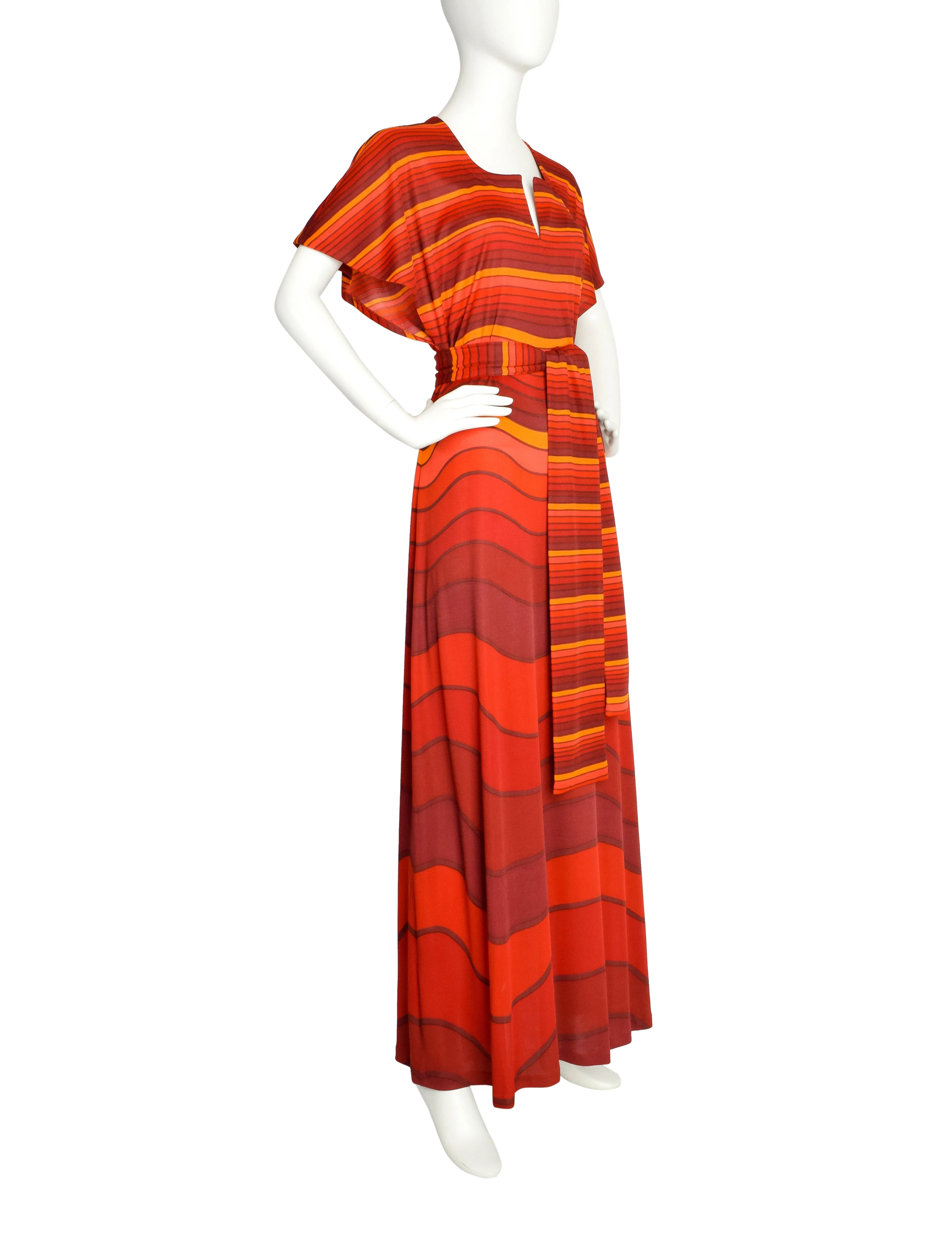 Roberta di Camerino Vintage 1978 Firey Red and Orange Striped Waves Maxi Dress