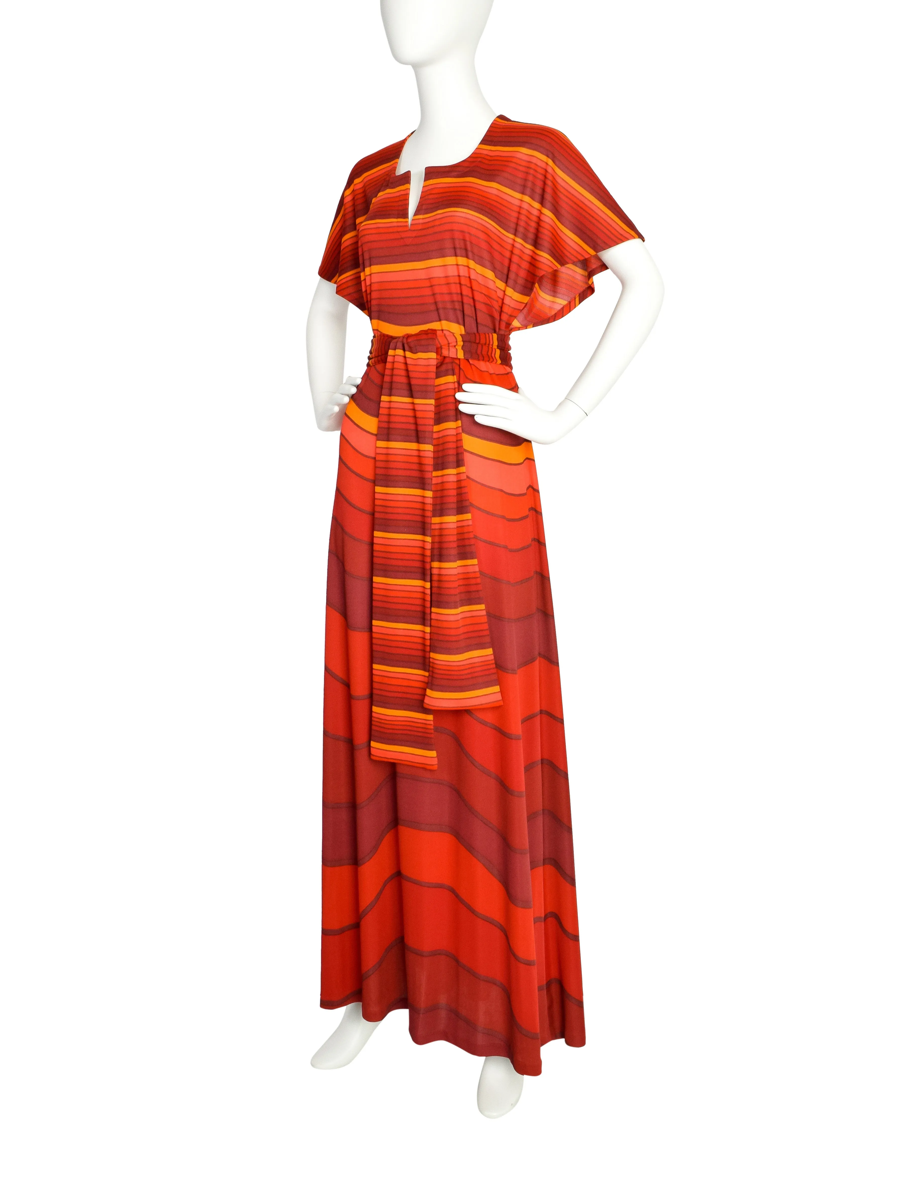 Roberta di Camerino Vintage 1978 Firey Red and Orange Striped Waves Maxi Dress