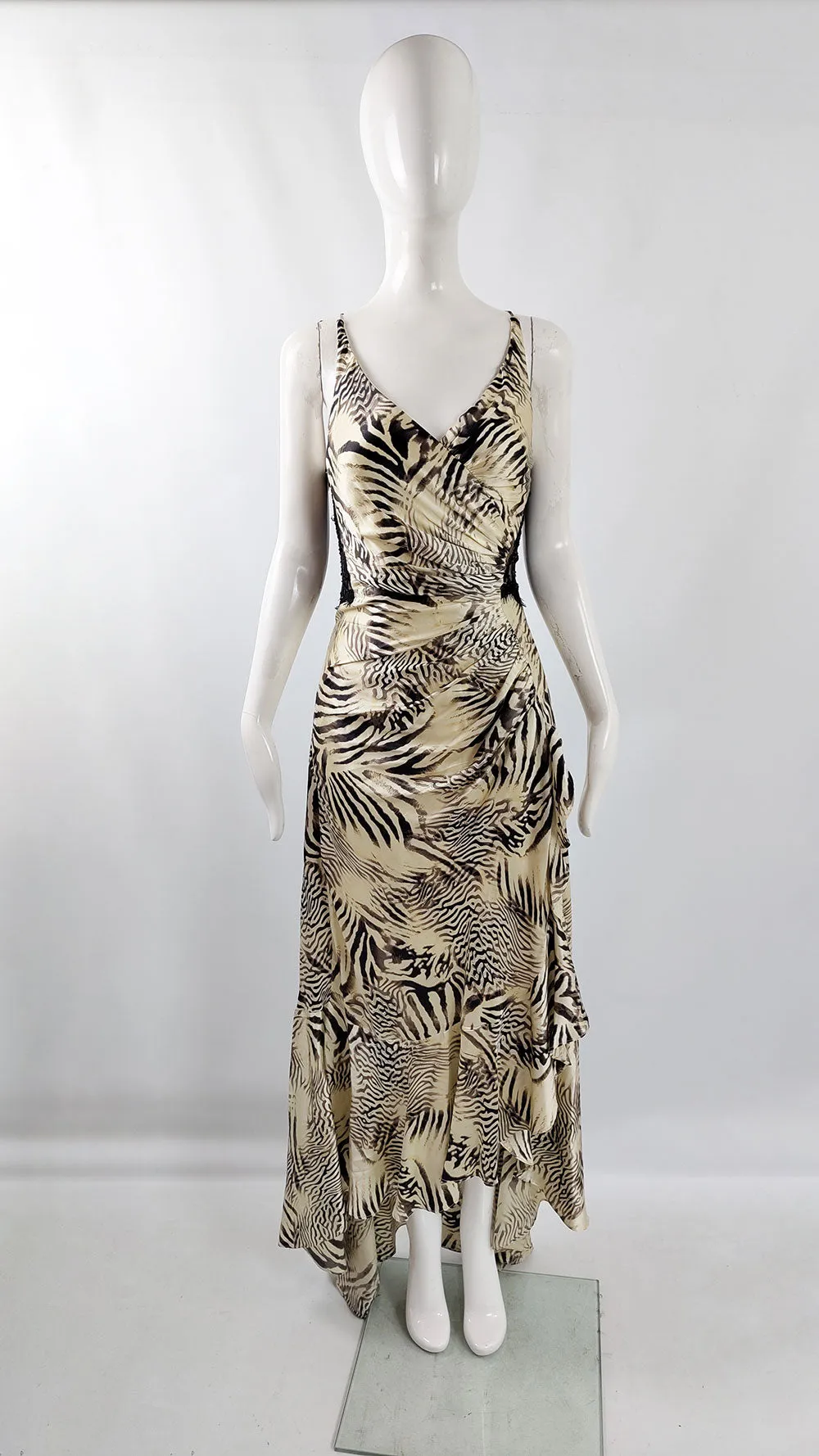 Sagaie Paris Vintage Bias Cut Zebra Print Silk Evening Gown, 2000s