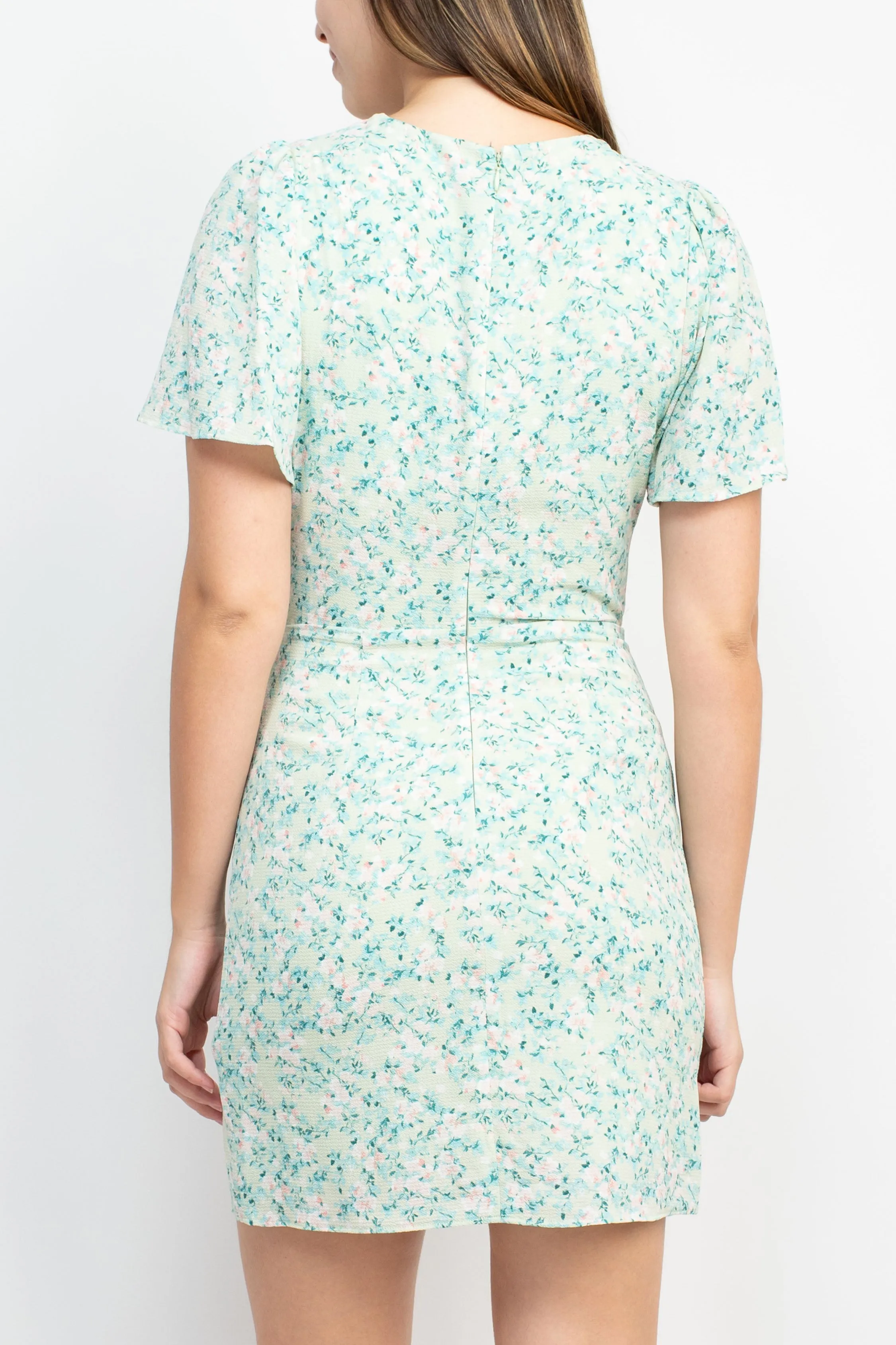 Sage Collective V-Neck Mock Wrap Tie Side Short Sleeve Zipper Back Floral Print Crepe Dress