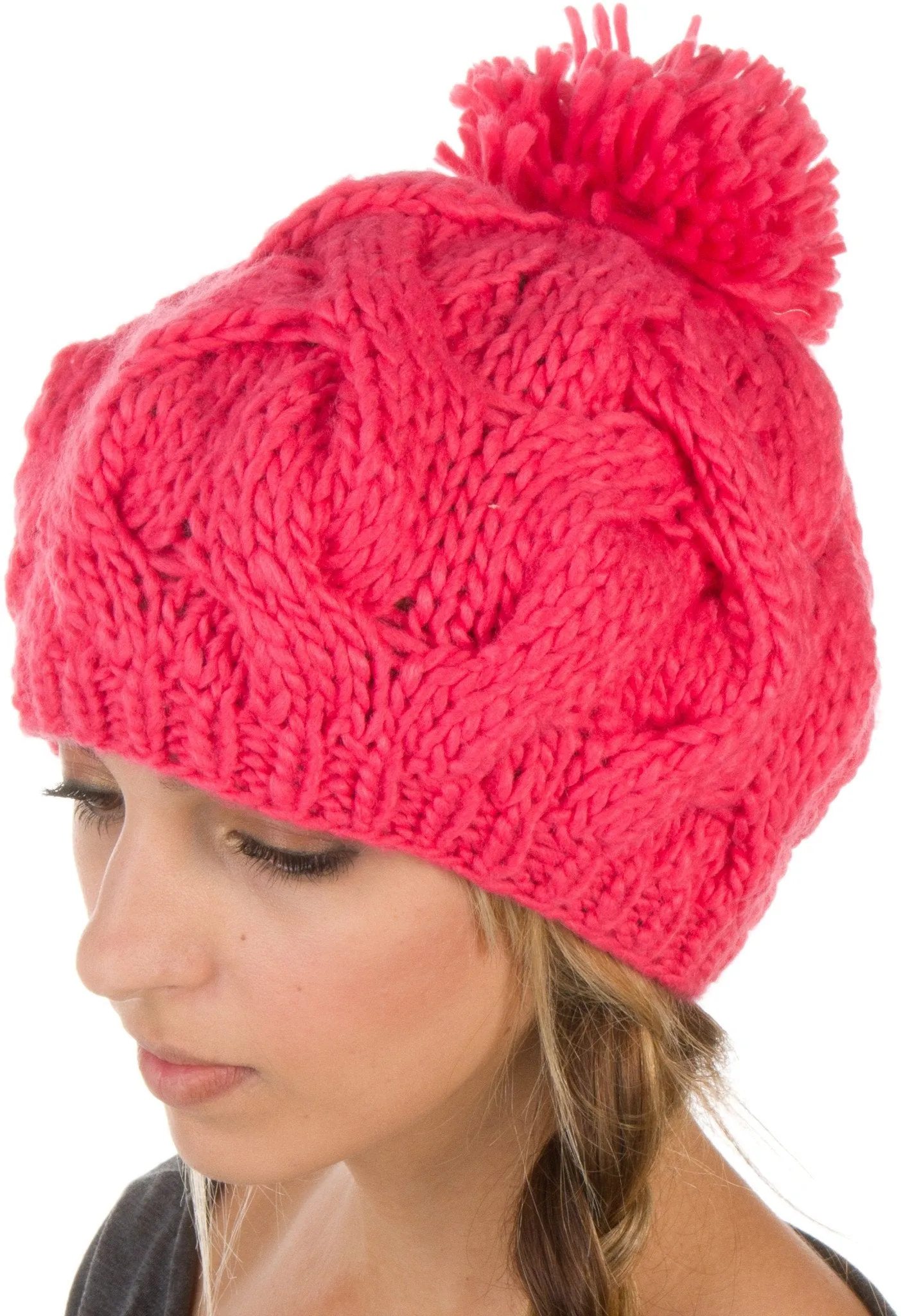 Sakkas Cable Knit Pom Pom Thick Slouch Hat