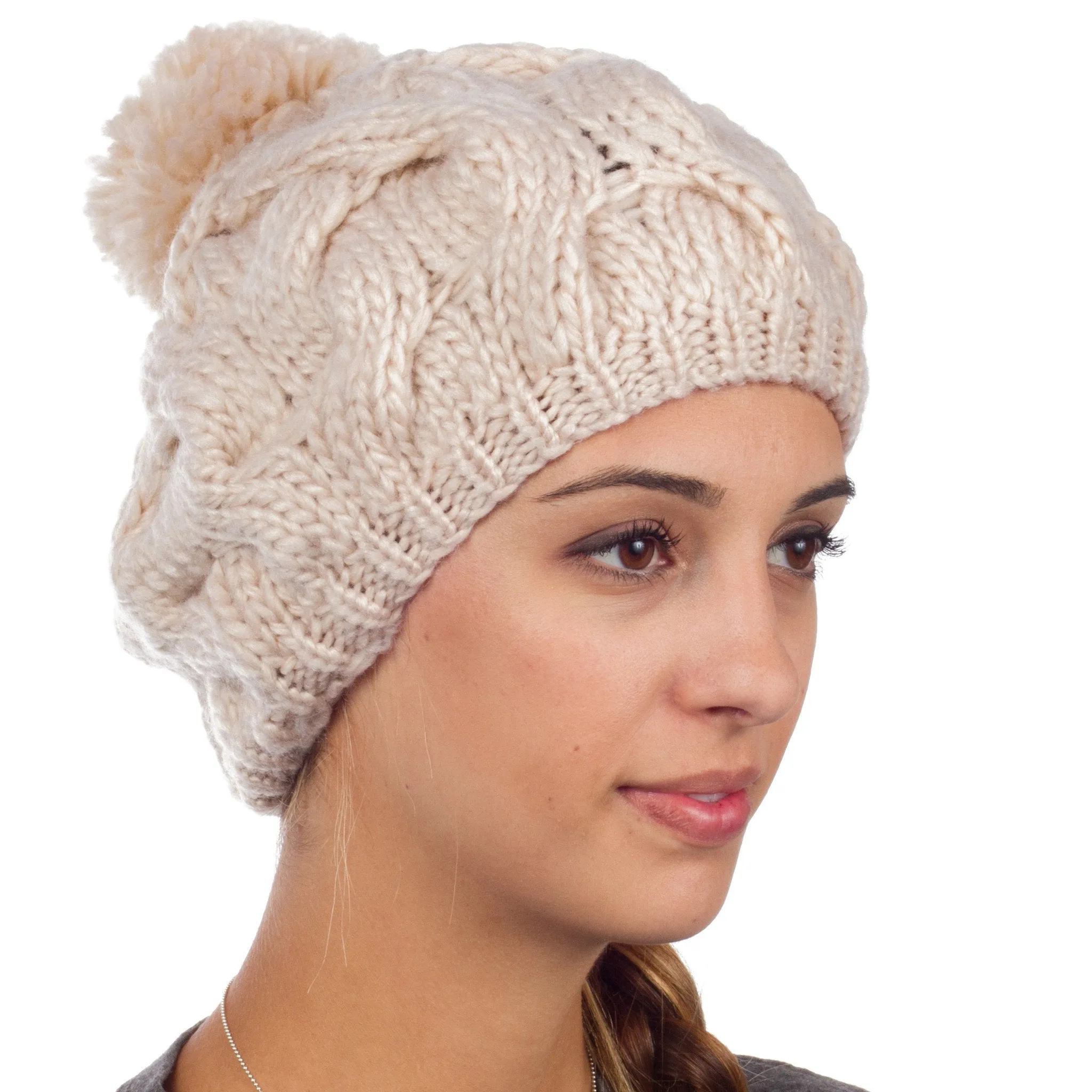 Sakkas Cable Knit Pom Pom Thick Slouch Hat