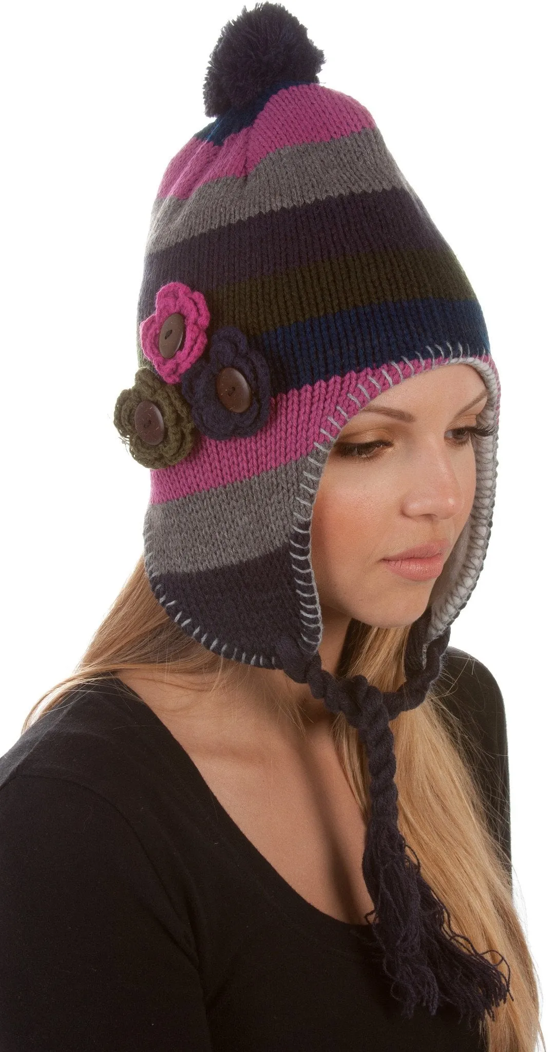 Sakkas Crochet Flower Multi-Color Stripe Fully Lined Earflap Hat