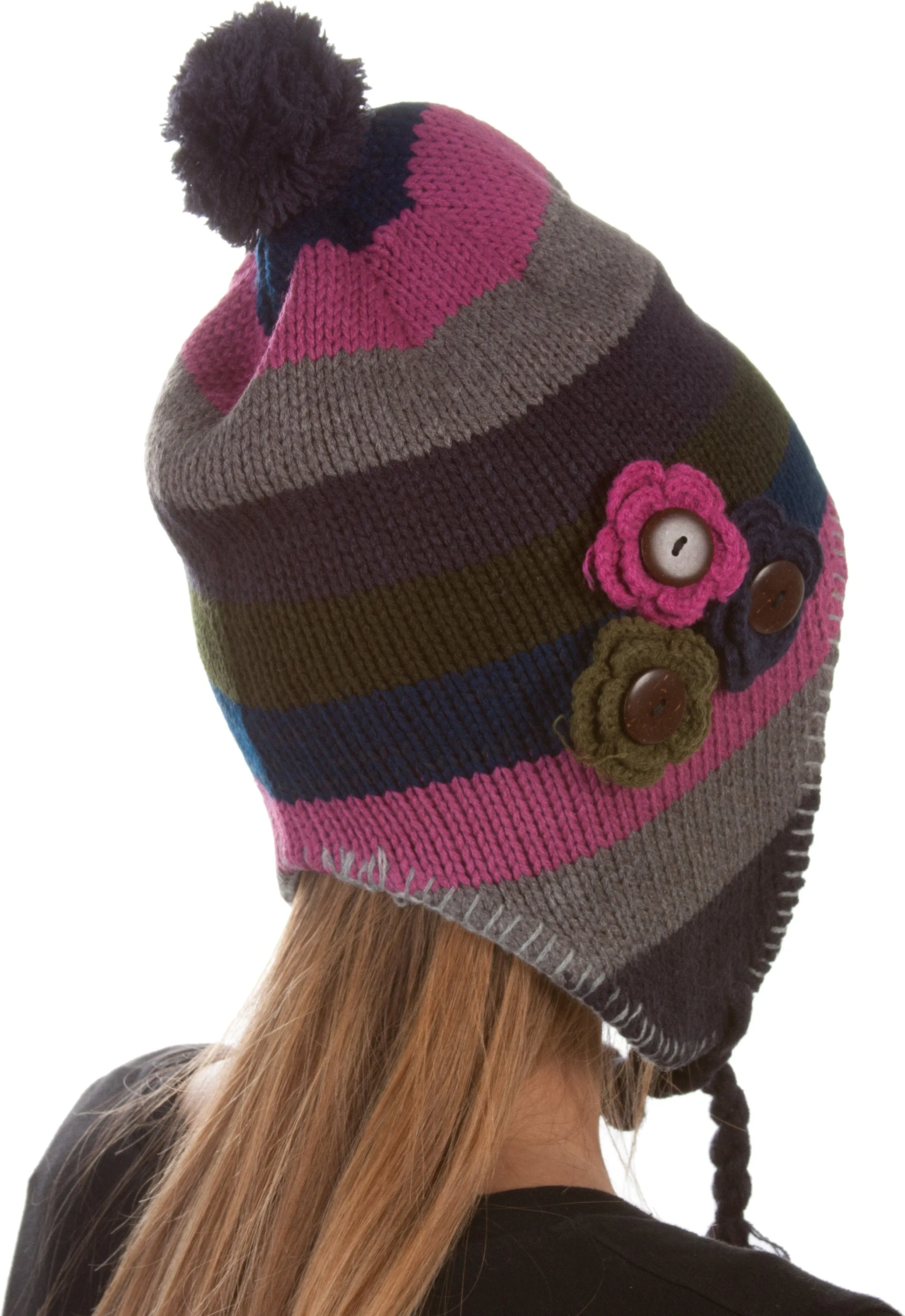 Sakkas Crochet Flower Multi-Color Stripe Fully Lined Earflap Hat