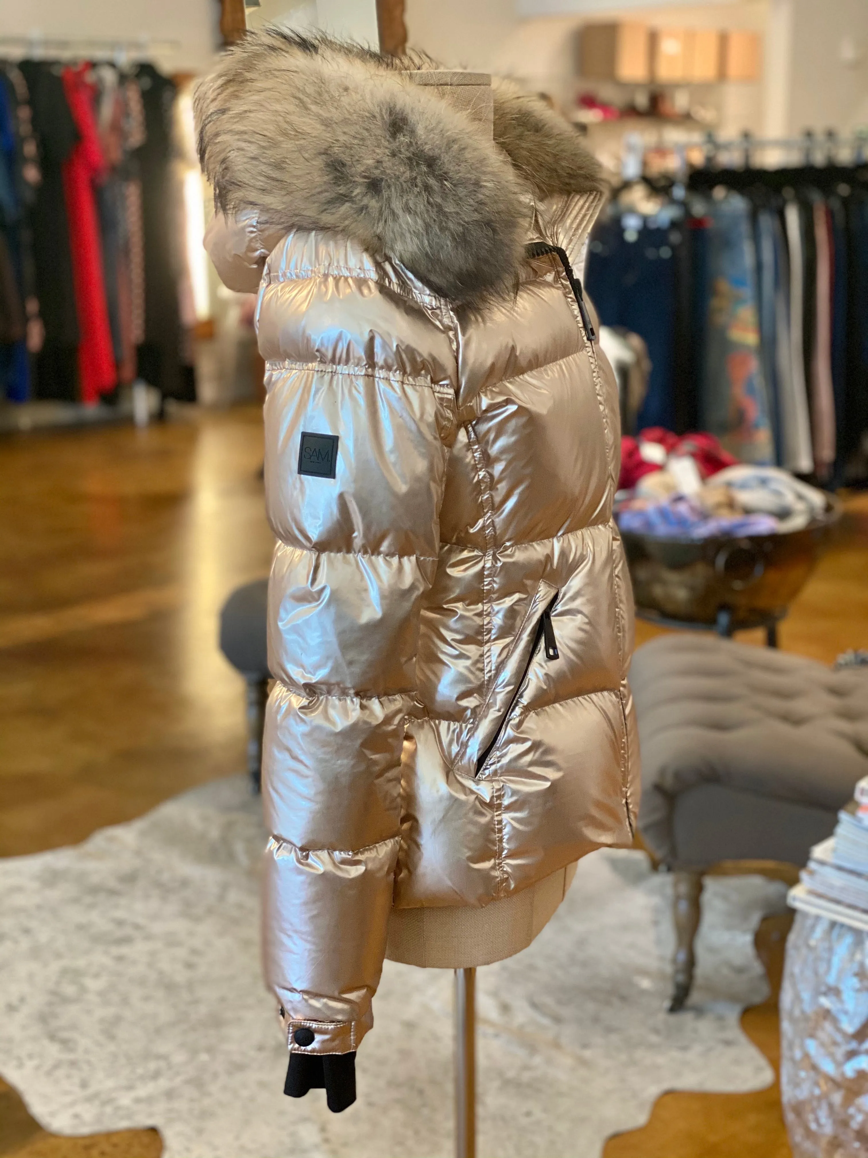 SAM Metallic Fur Trim Hood Puffer Coat