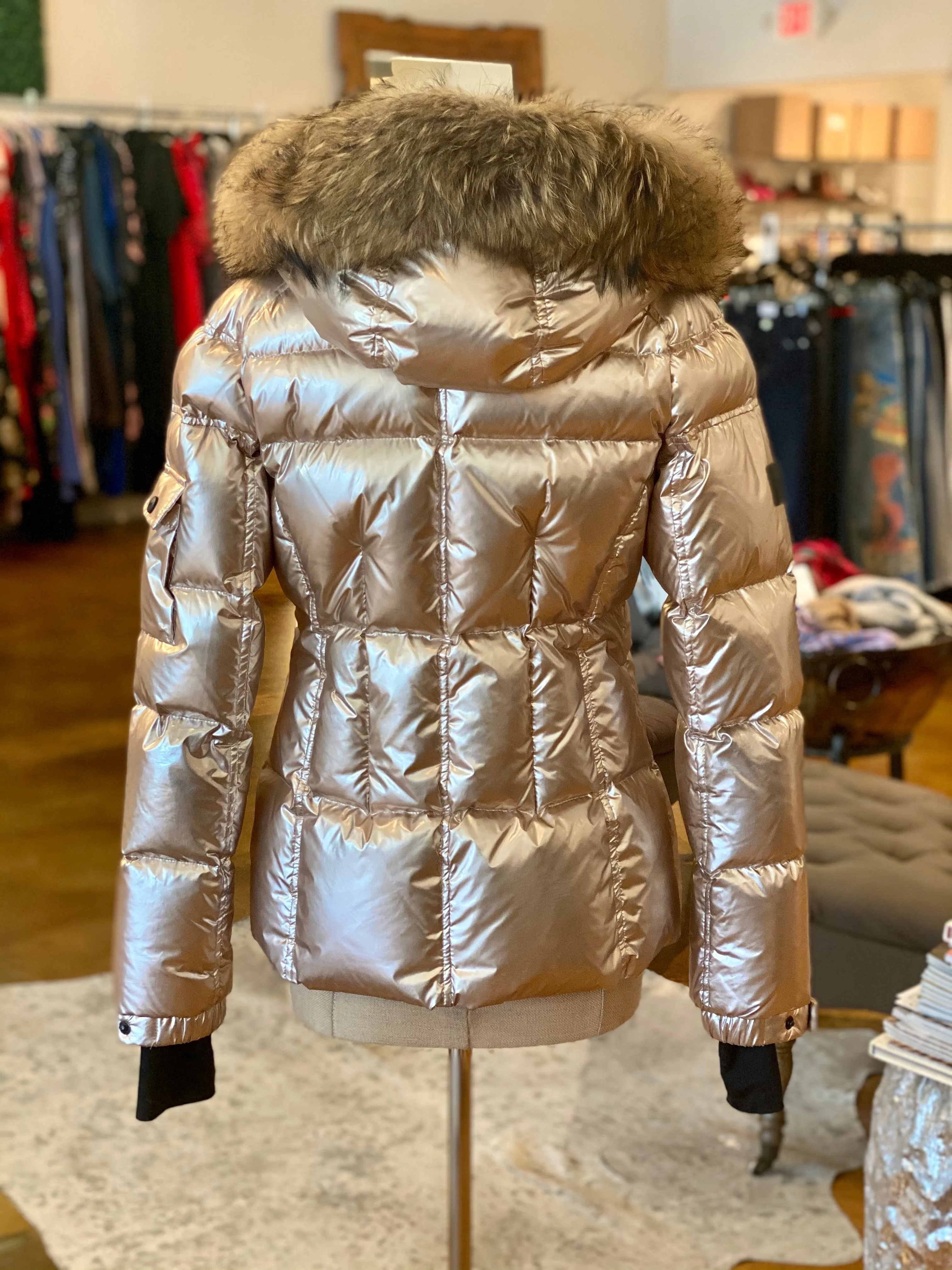 SAM Metallic Fur Trim Hood Puffer Coat