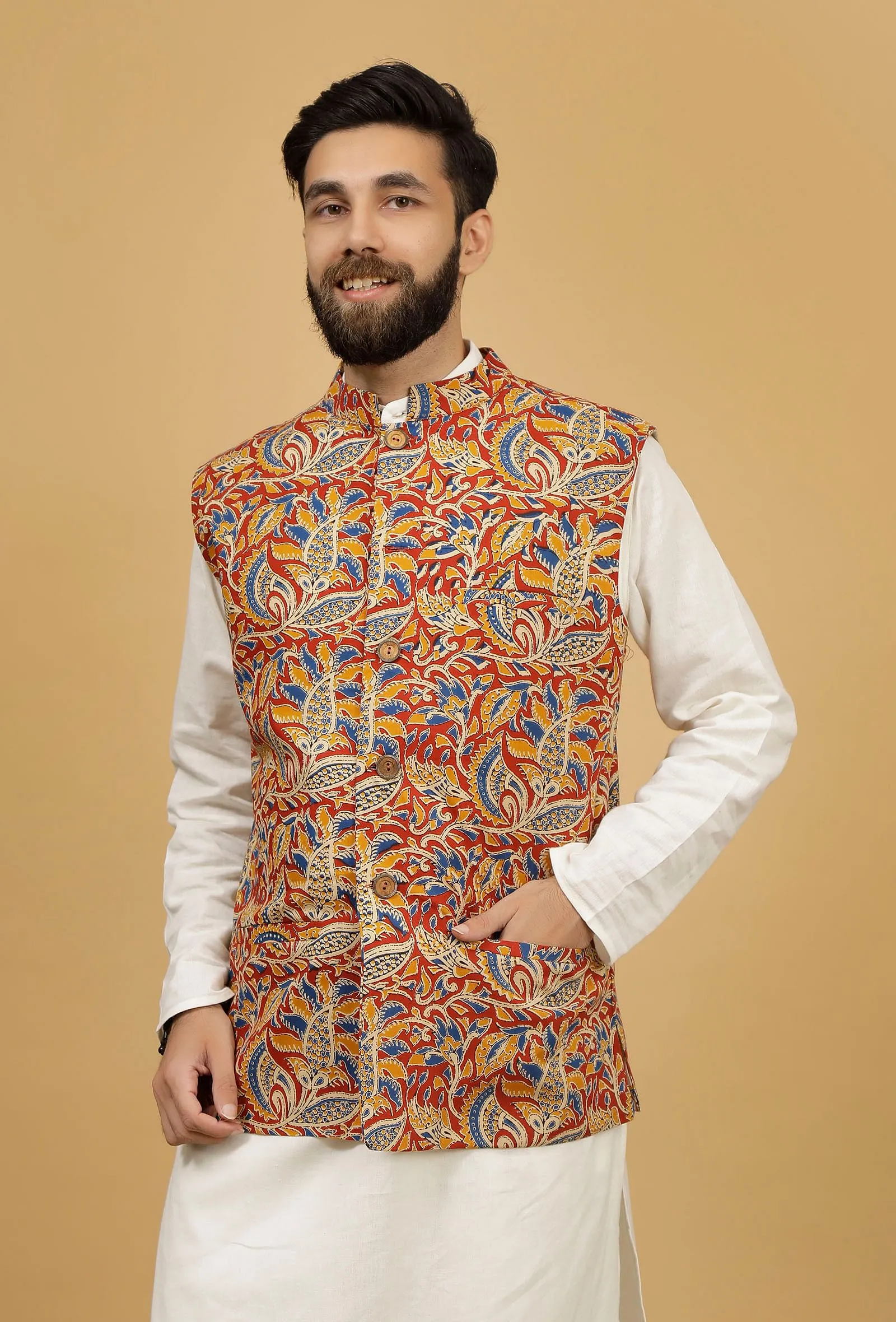 Scarlet Red and Yellow Floral Kalamkari Cotton Nehru Jacket