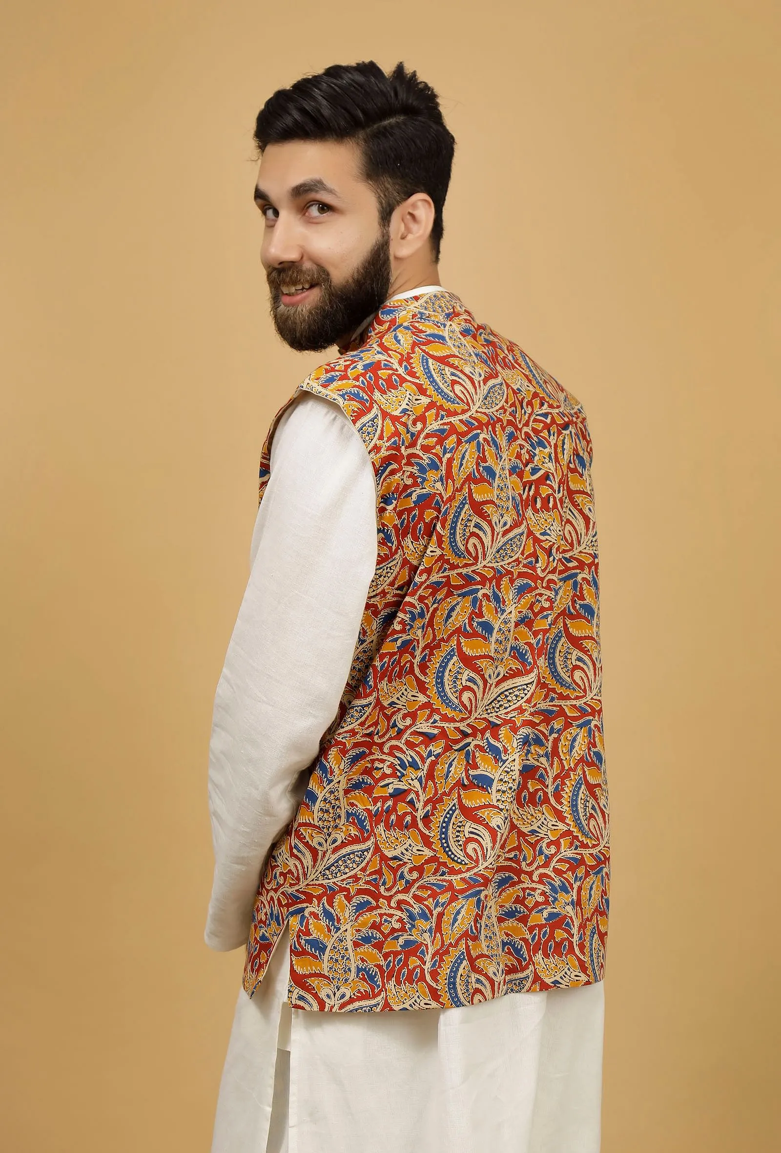 Scarlet Red and Yellow Floral Kalamkari Cotton Nehru Jacket