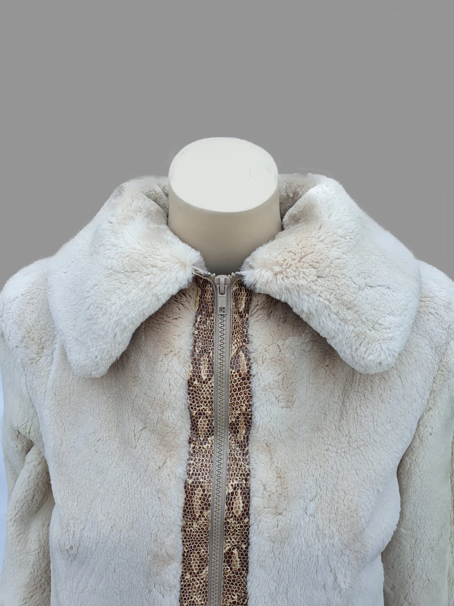 Sepia-Dyed Sheared Beaver Fur Jacket w/ Snake-Skin Embossed Leather Trim -S