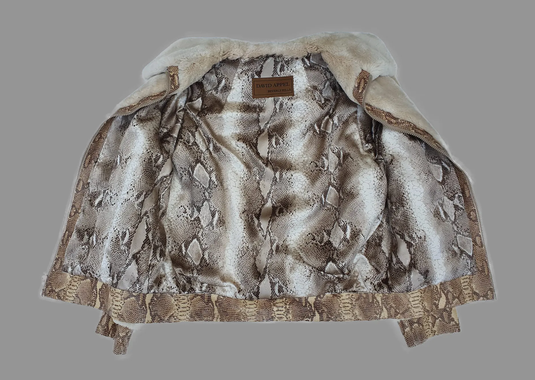 Sepia-Dyed Sheared Beaver Fur Jacket w/ Snake-Skin Embossed Leather Trim -S