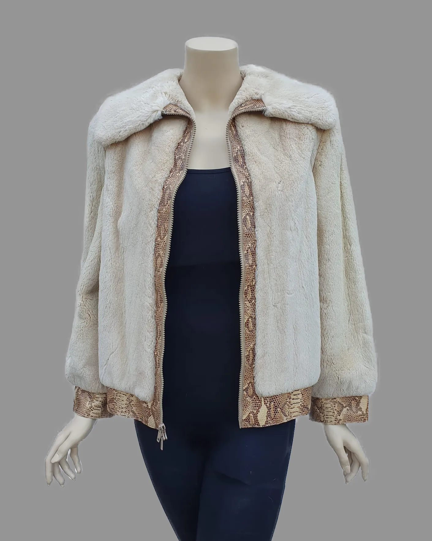 Sepia-Dyed Sheared Beaver Fur Jacket w/ Snake-Skin Embossed Leather Trim -S