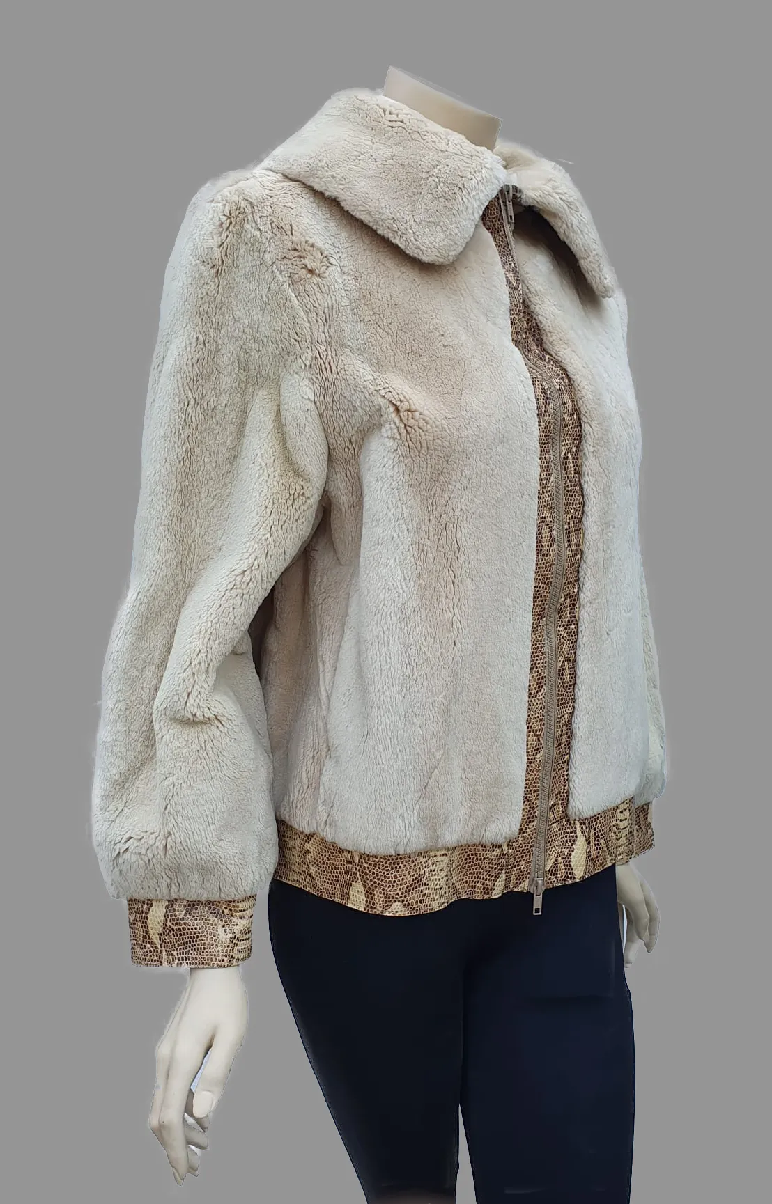 Sepia-Dyed Sheared Beaver Fur Jacket w/ Snake-Skin Embossed Leather Trim -S