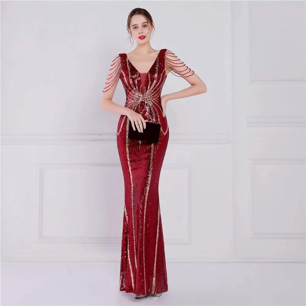 Sequin V-Neck Floor-Length Mermaid Dress