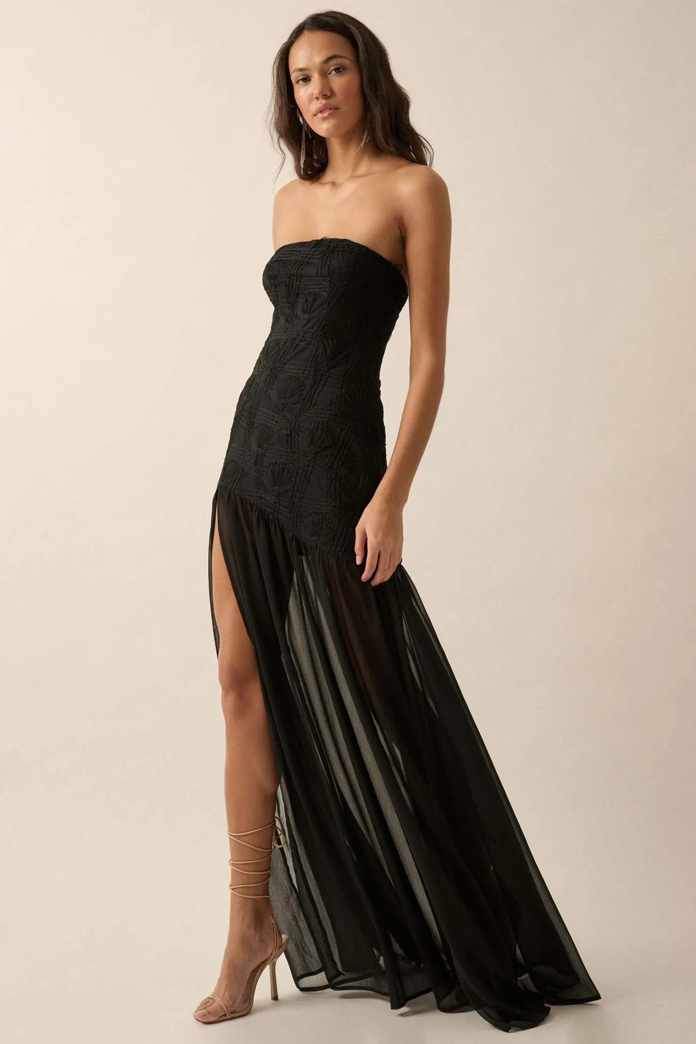 Sheer Fantasy Ribbon Lace Strapless Maxi Dress