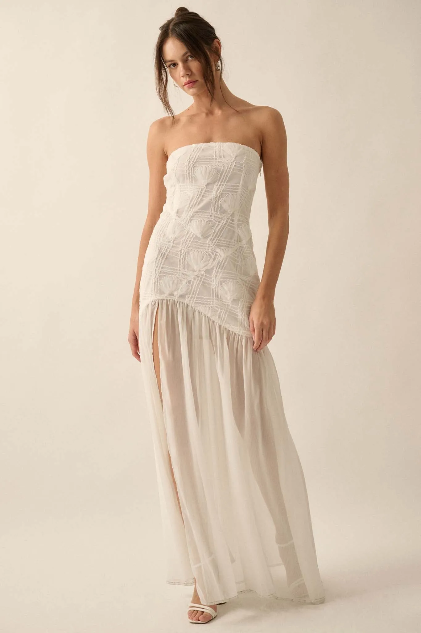 Sheer Fantasy Ribbon Lace Strapless Maxi Dress