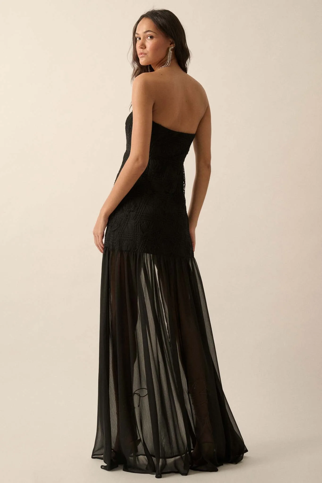 Sheer Fantasy Ribbon Lace Strapless Maxi Dress